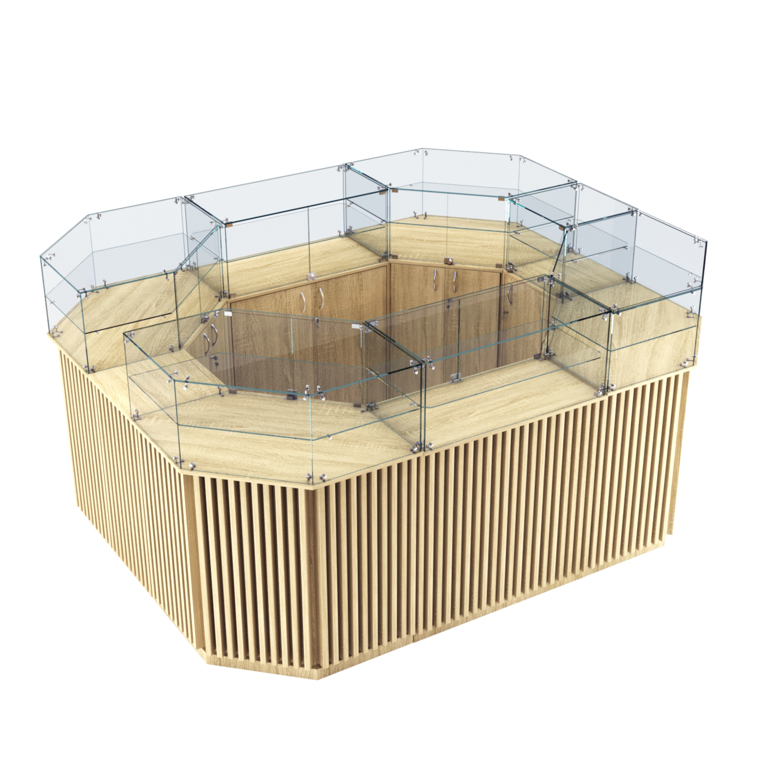 Торговый прямоугольный островок с высоким накопителем и планками серии ВЕРТИКАЛЬ №4 (6,48 кв.м) Дуб сонома