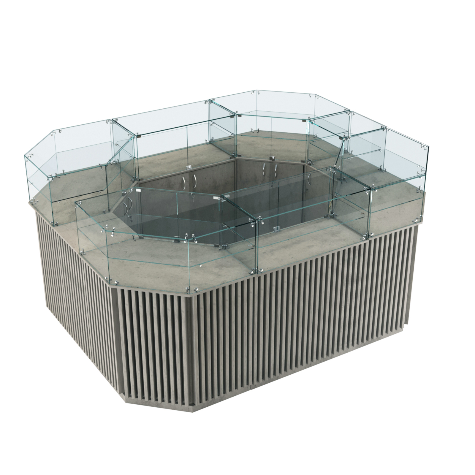 Торговый прямоугольный островок с высоким накопителем и планками серии ВЕРТИКАЛЬ №4 (6,48 кв.м) Бетон Чикаго светло-серый F186 ST9