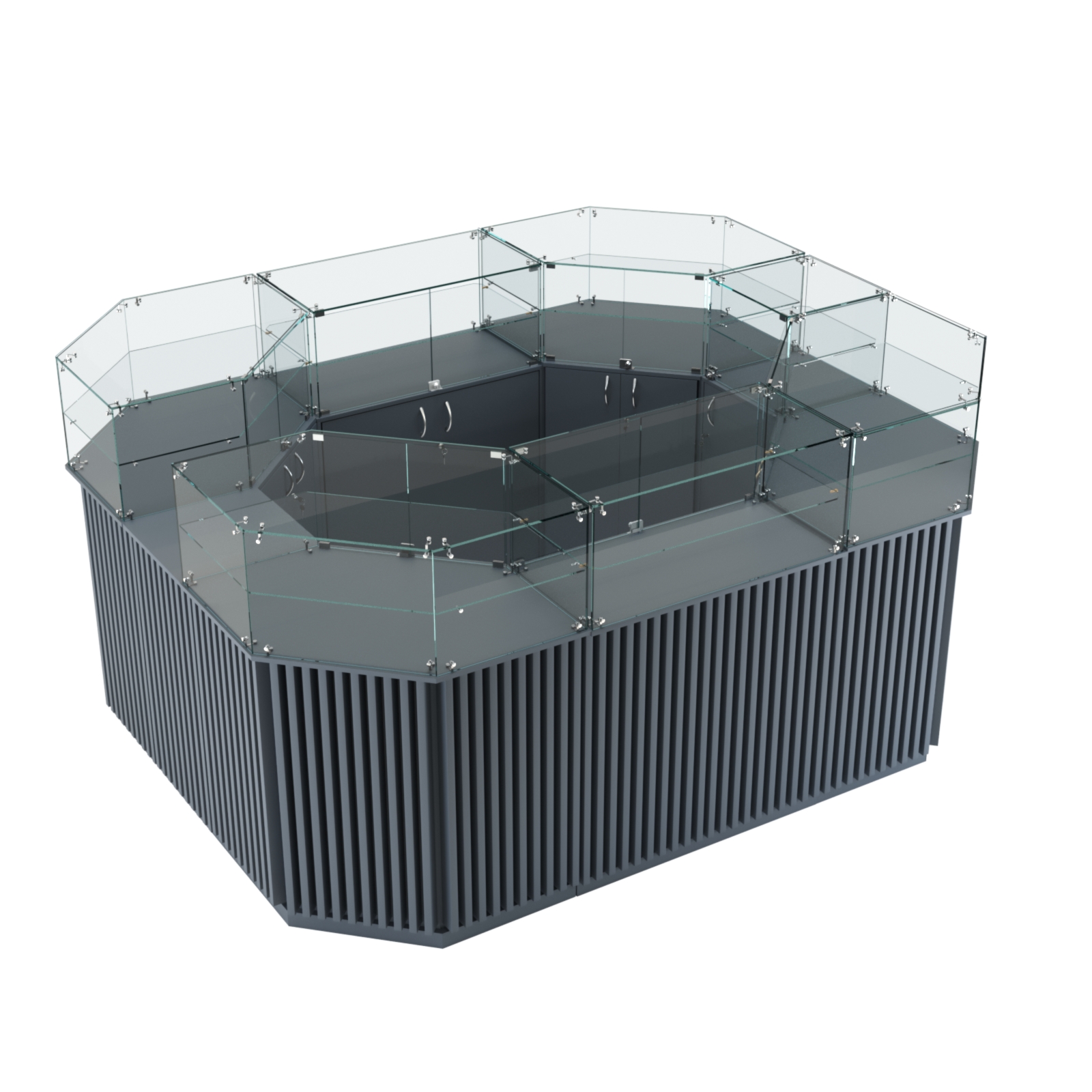 Торговый прямоугольный островок с высоким накопителем и планками серии ВЕРТИКАЛЬ №4 (6,48 кв.м) Темно-Серый