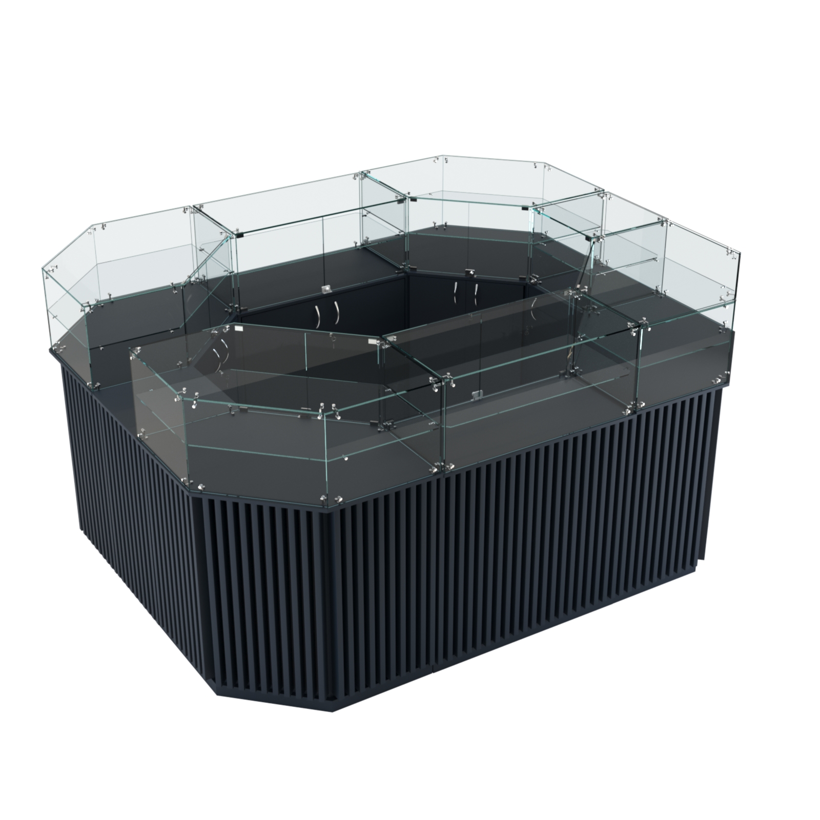 Торговый прямоугольный островок с высоким накопителем и планками серии ВЕРТИКАЛЬ №4 (6,48 кв.м) Антрацит