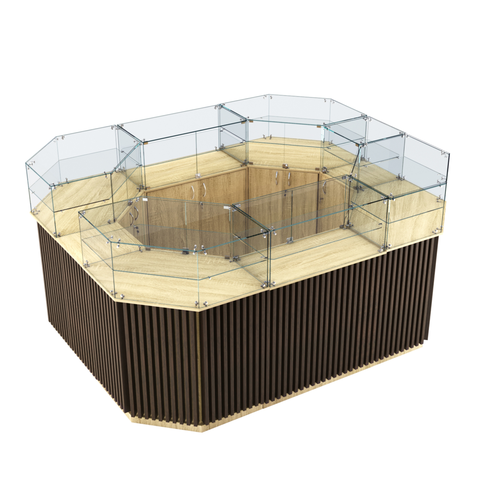 Торговый прямоугольный островок с высоким накопителем и планками серии ВЕРТИКАЛЬ №4 (6,48 кв.м) Дуб Сонома + Дуб Венге