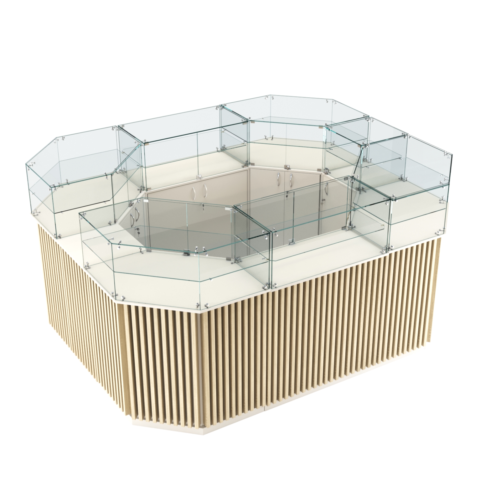 Торговый прямоугольный островок с высоким накопителем и планками серии ВЕРТИКАЛЬ №4 (6,48 кв.м) Белый + Дуб Сонома