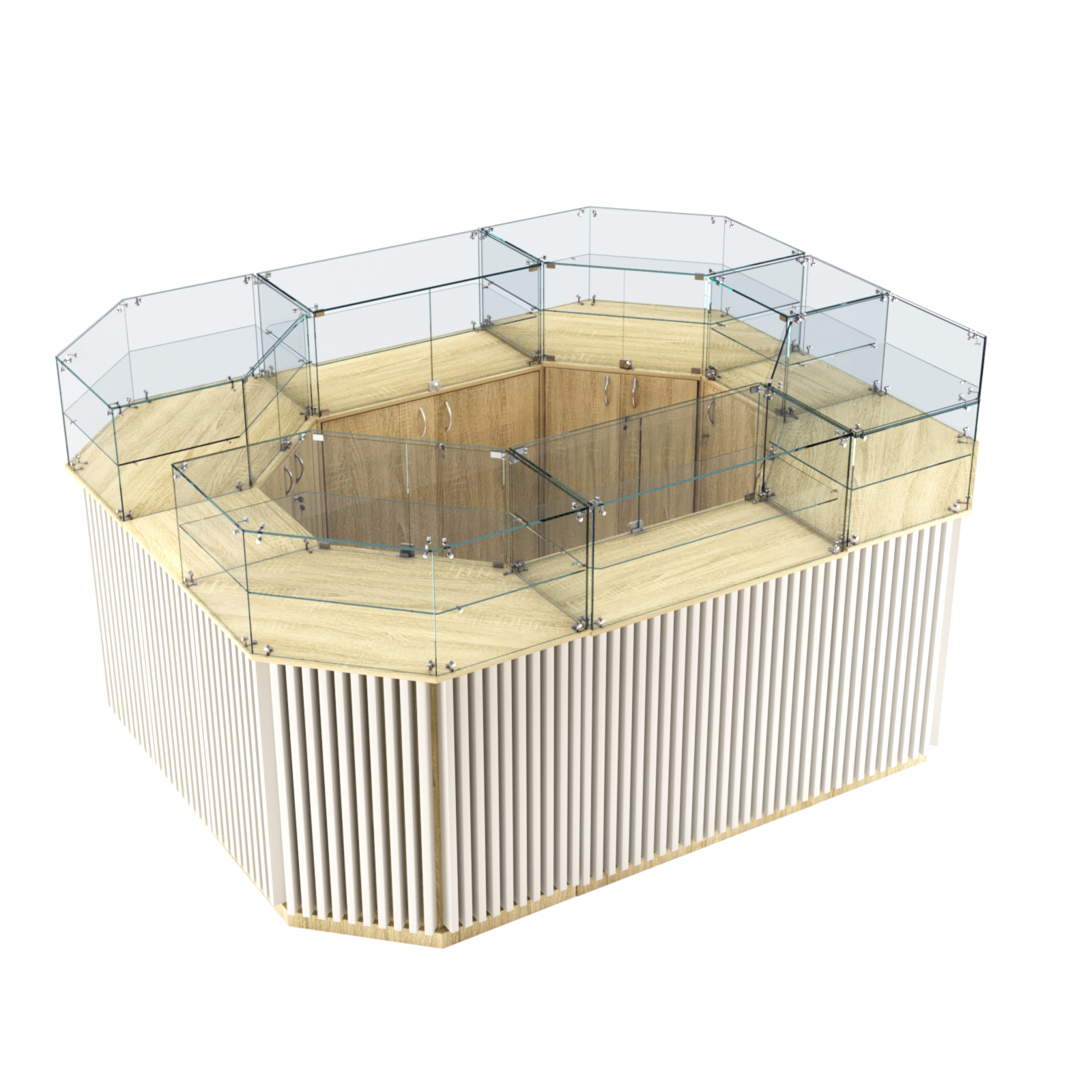 Торговый прямоугольный островок с высоким накопителем и планками серии ВЕРТИКАЛЬ №4 (6,48 кв.м) Дуб Сонома + Белый