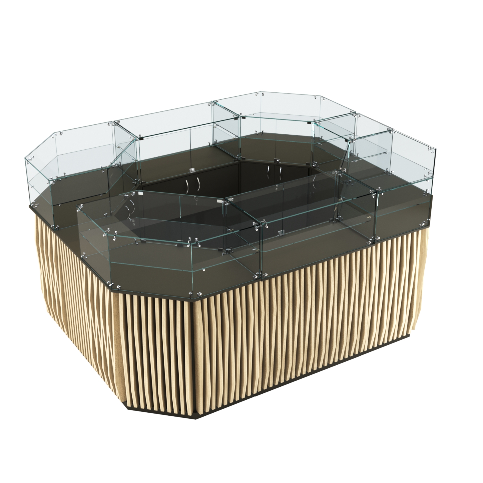 Торговый прямоугольный островок с высоким накопителем и планками серии ВЕРТИКАЛЬ №4 (6,48 кв.м) Черный + Дуб Сонома