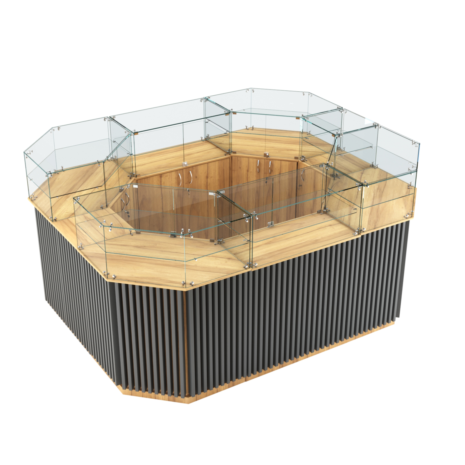 Торговый прямоугольный островок с высоким накопителем и планками серии ВЕРТИКАЛЬ №4 (6,48 кв.м) Дуб Золотистый и Темно-Серый