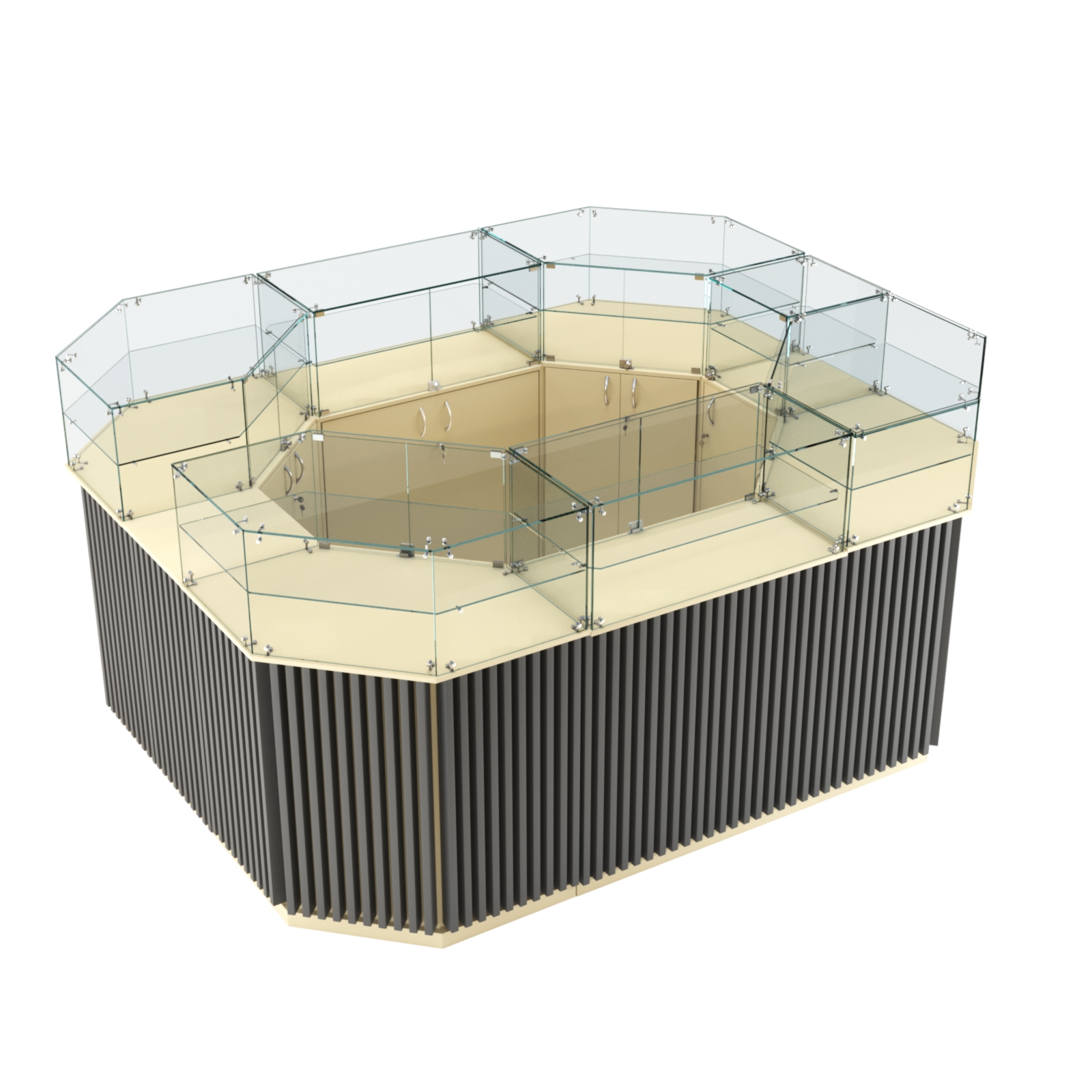 Торговый прямоугольный островок с высоким накопителем и планками серии ВЕРТИКАЛЬ №4 (6,48 кв.м) Крем Вайс и Темно Серый U2236-U2601