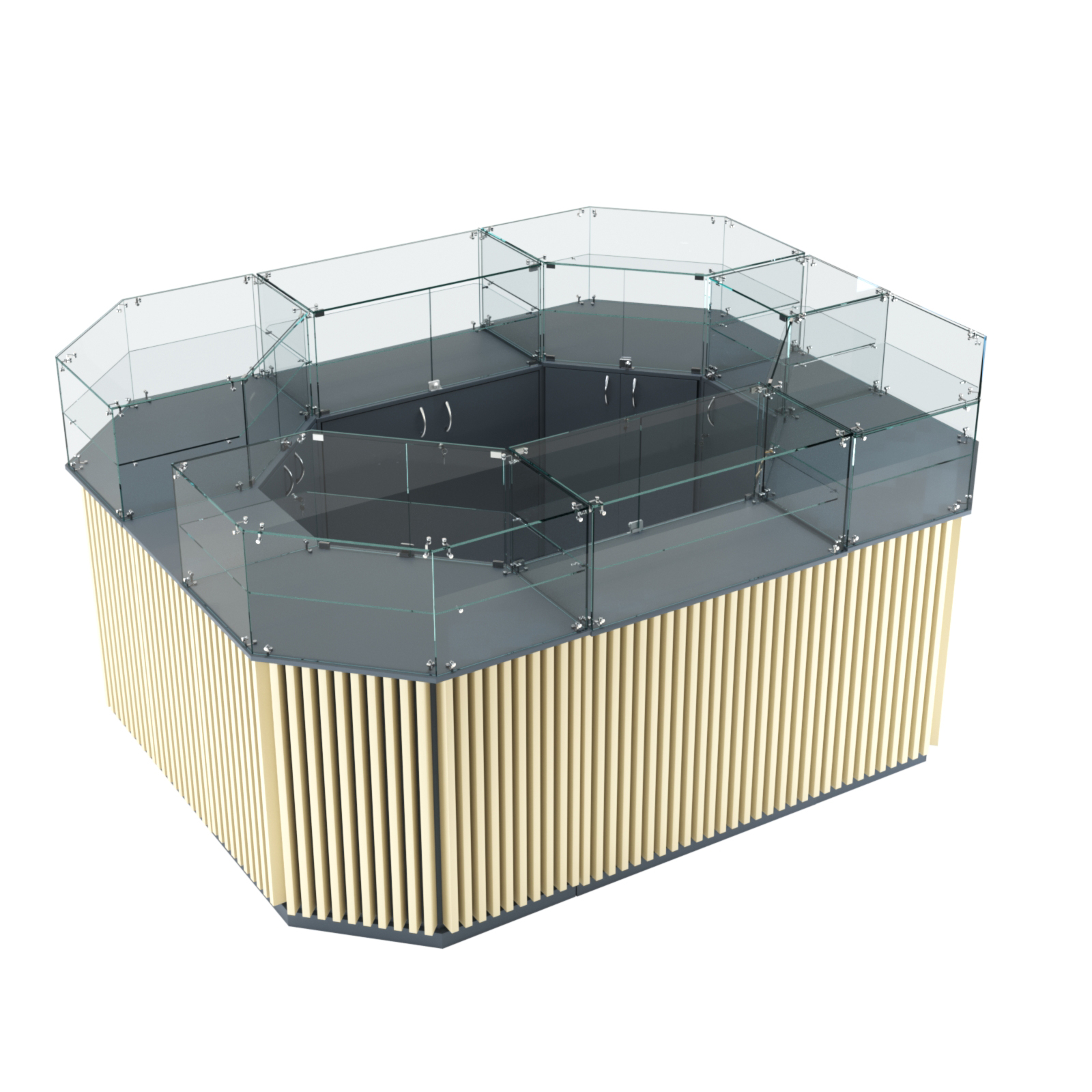 Торговый прямоугольный островок с высоким накопителем и планками серии ВЕРТИКАЛЬ №4 (6,48 кв.м) Темно-серый и Крем Вайс U2601-U2236