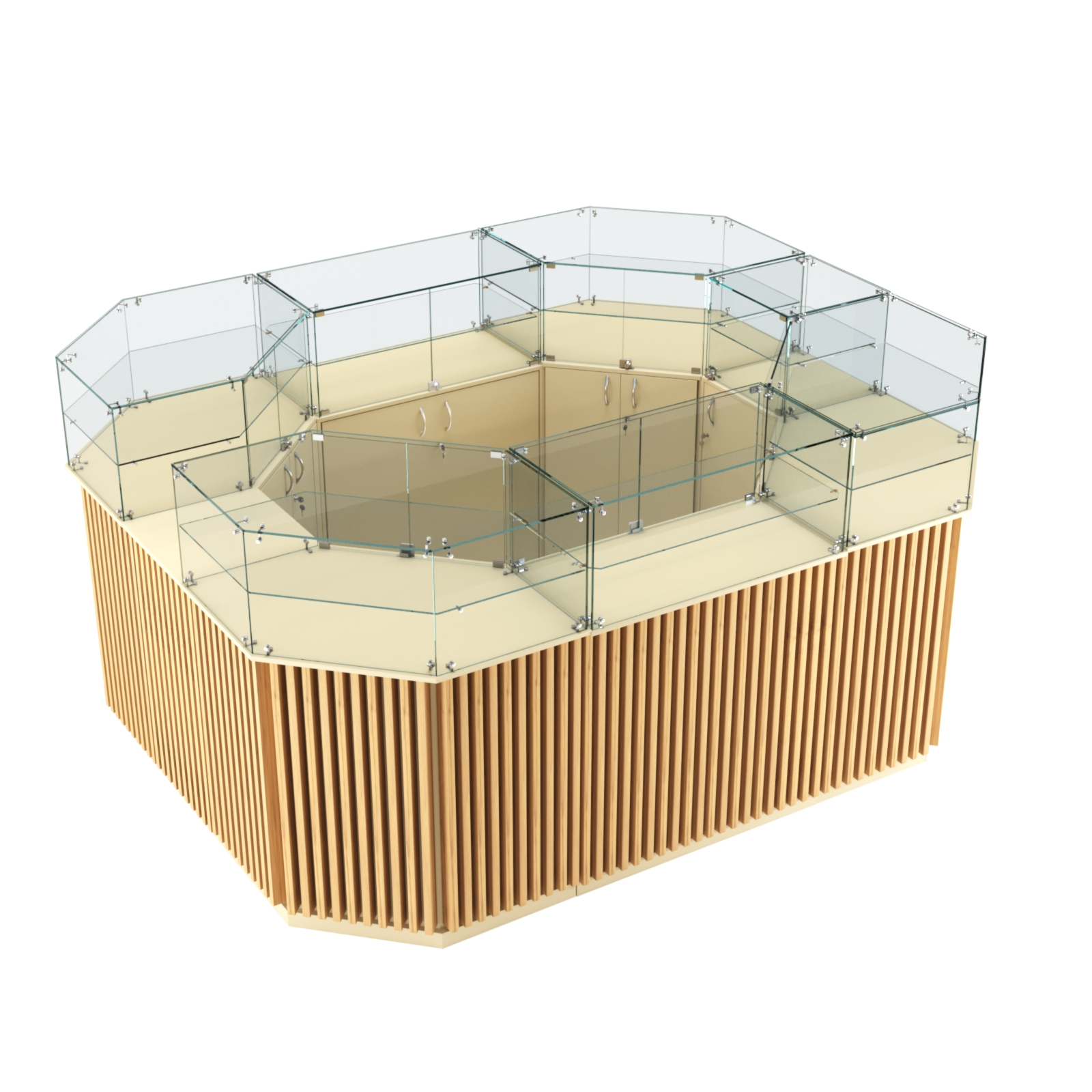 Торговый прямоугольный островок с высоким накопителем и планками серии ВЕРТИКАЛЬ №4 (6,48 кв.м) Крем Вайс и Дуб Золотистый