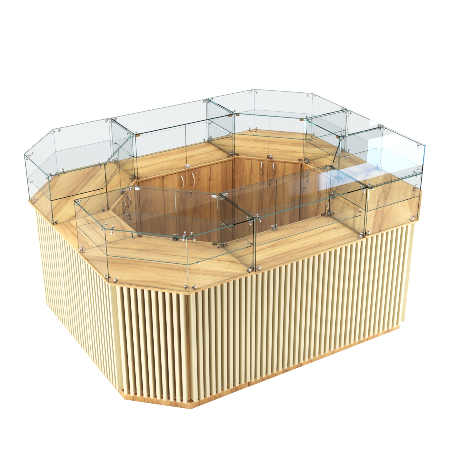 Торговый прямоугольный островок с высоким накопителем и планками серии ВЕРТИКАЛЬ №4 (6,48 кв.м) Дуб Золотистый и Крем Вайс