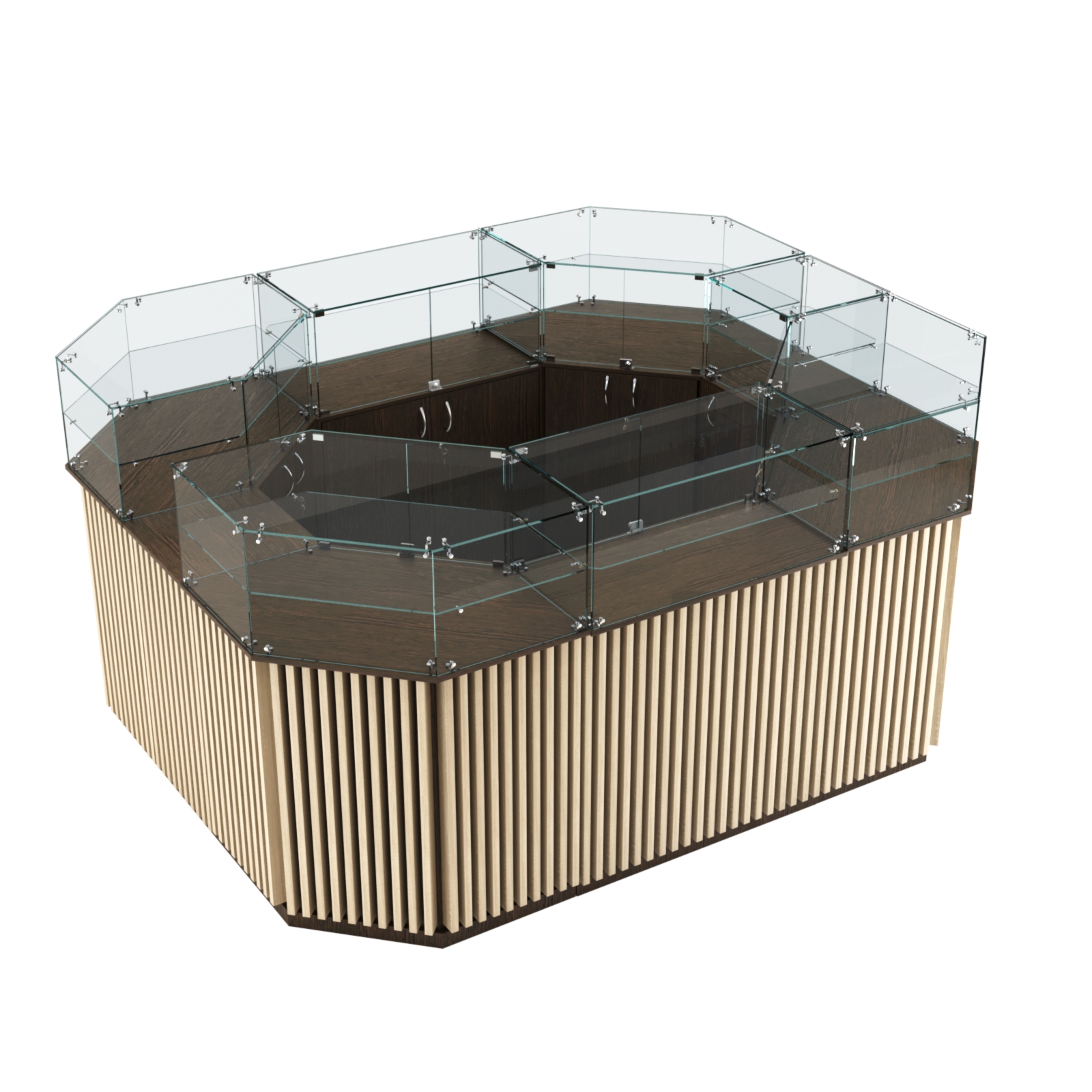 Торговый прямоугольный островок с высоким накопителем и планками серии ВЕРТИКАЛЬ №4 (6,48 кв.м) Дуб Венге + Дуб Сонома