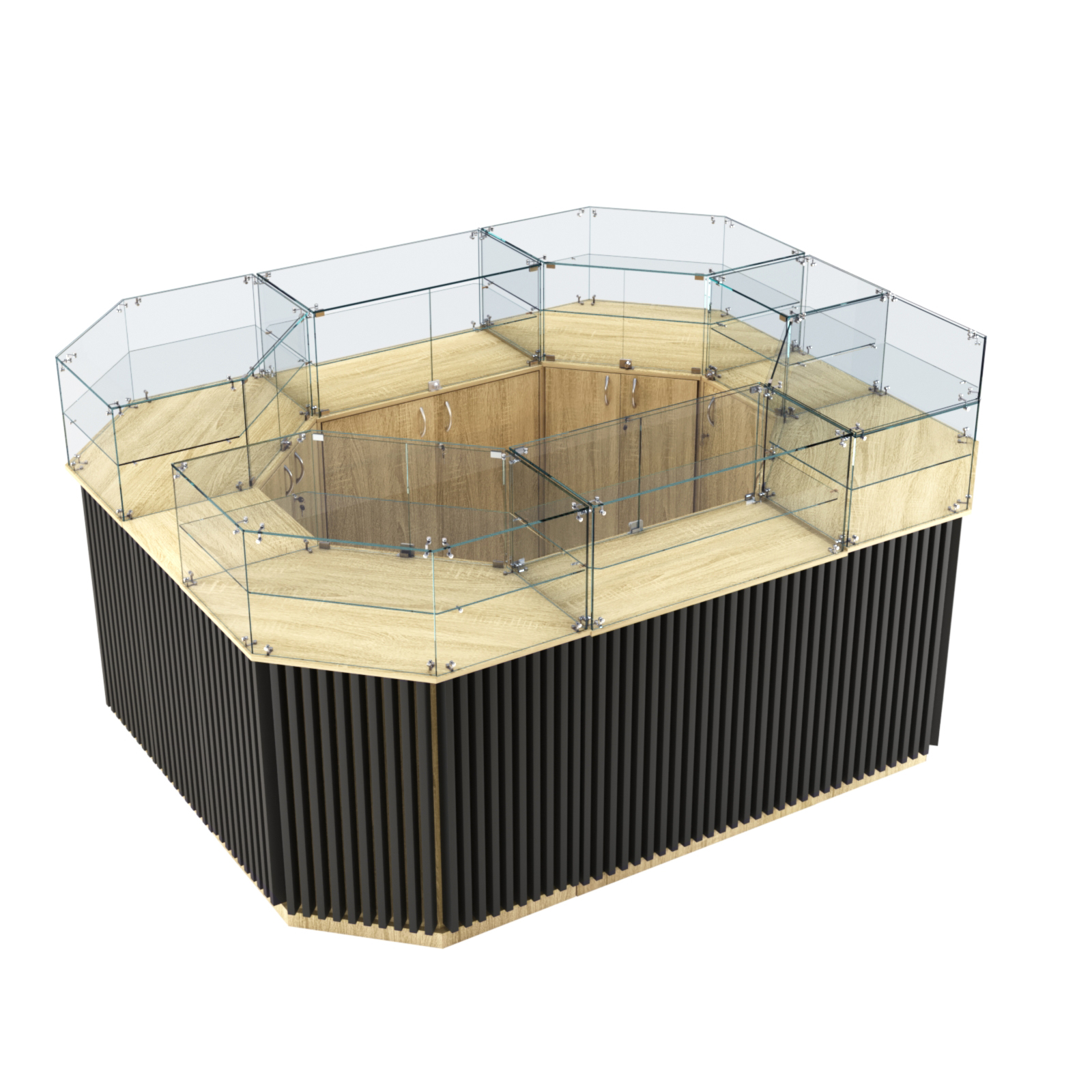 Торговый прямоугольный островок с высоким накопителем и планками серии ВЕРТИКАЛЬ №4 (6,48 кв.м) Дуб сонома, Черный