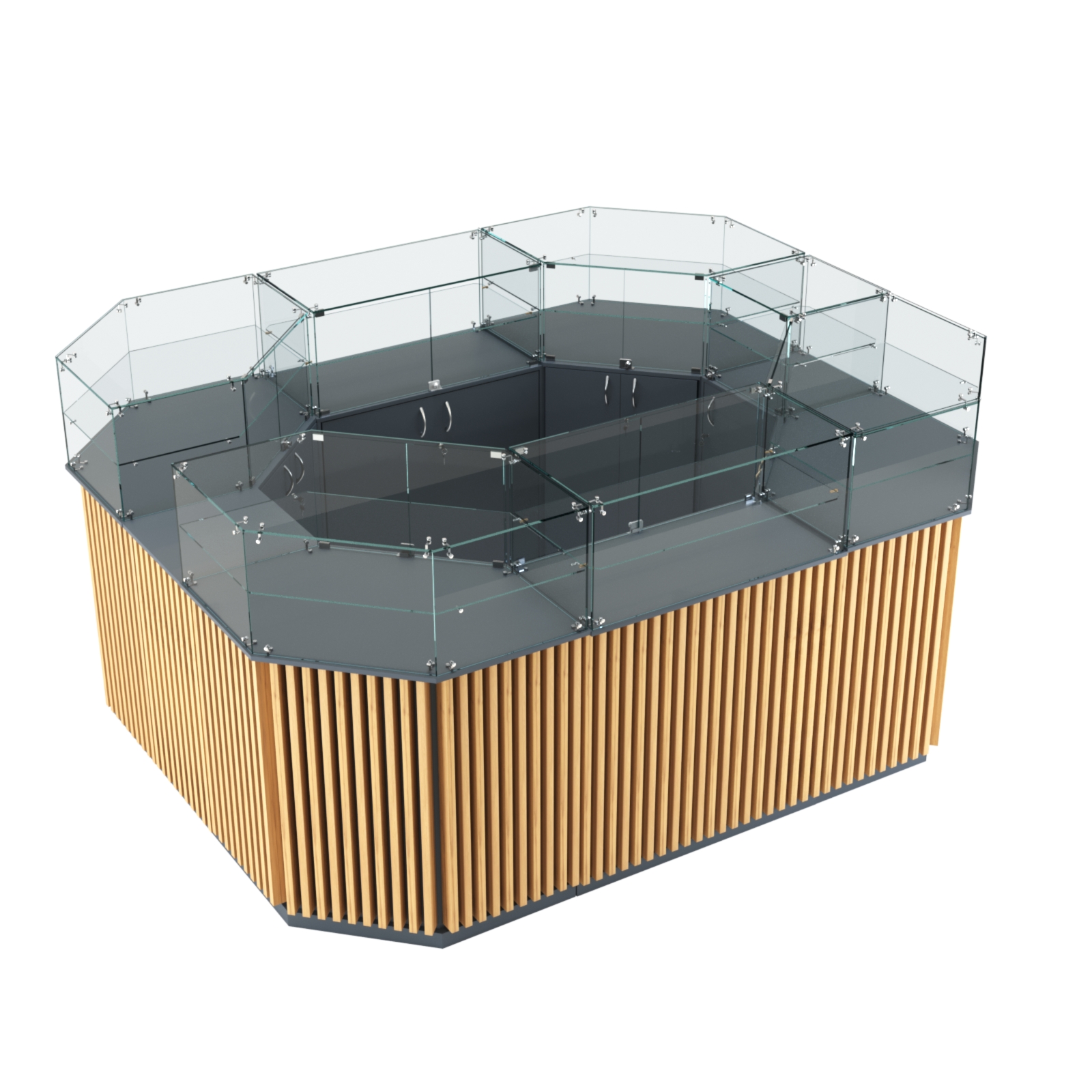 Торговый прямоугольный островок с высоким накопителем и планками серии ВЕРТИКАЛЬ №4 (6,48 кв.м) Темно-Серый  + Дуб Золотистый