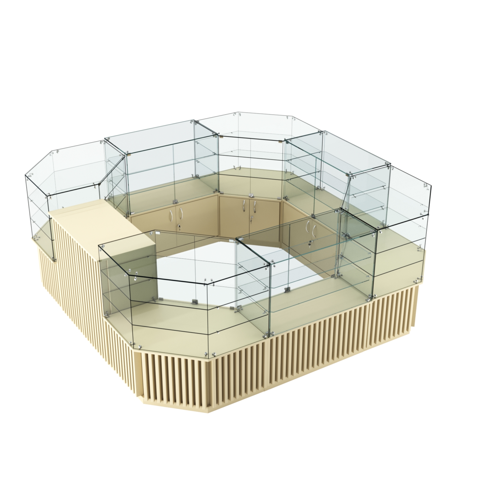 Торговый стеклянный островок с планками серии ВЕРТИКАЛЬ №2 (7,88 кв.м) Крем Вайс