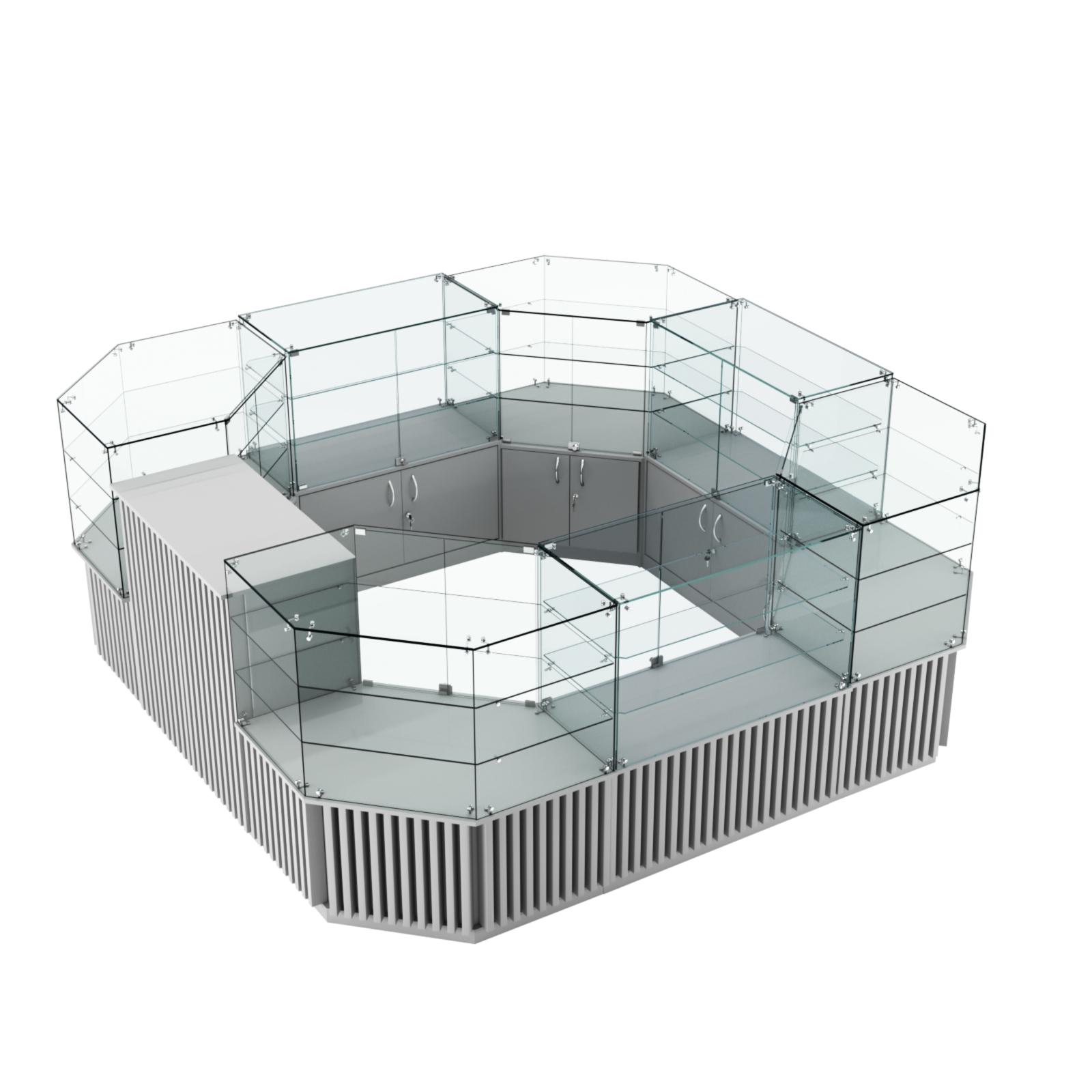 Торговый стеклянный островок с планками серии ВЕРТИКАЛЬ №2 (7,88 кв.м) Серый