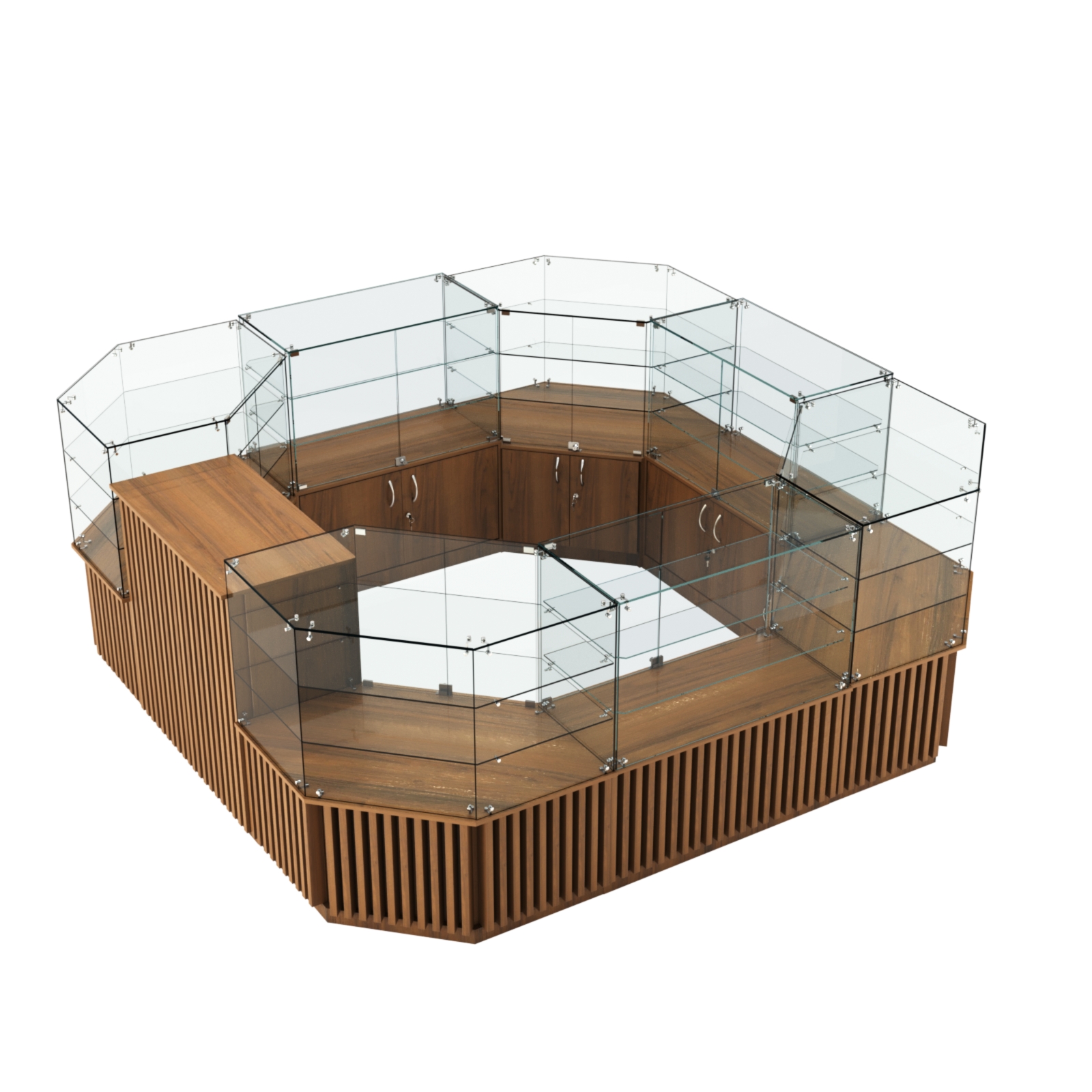 Торговый стеклянный островок с планками серии ВЕРТИКАЛЬ №2 (7,88 кв.м) Орех