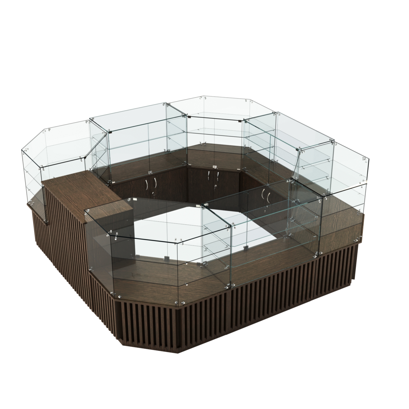 Торговый стеклянный островок с планками серии ВЕРТИКАЛЬ №2 (7,88 кв.м) Дуб Венге