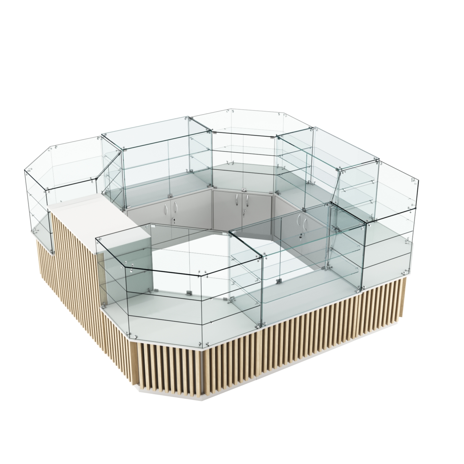 Торговый стеклянный островок с планками серии ВЕРТИКАЛЬ №2 (7,88 кв.м) Белый + Дуб Сонома