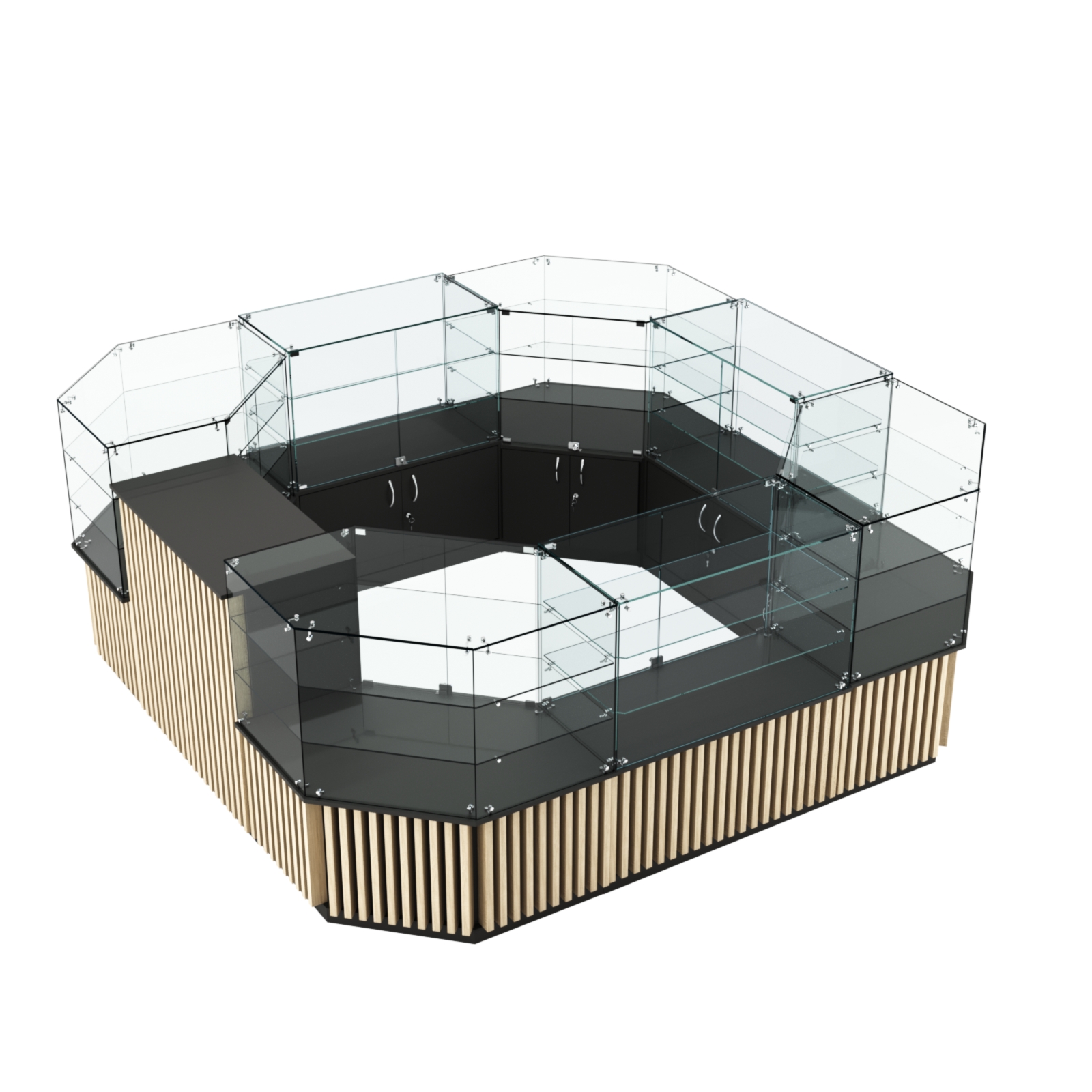 Торговый стеклянный островок с планками серии ВЕРТИКАЛЬ №2 (7,88 кв.м) Черный + Дуб Сонома