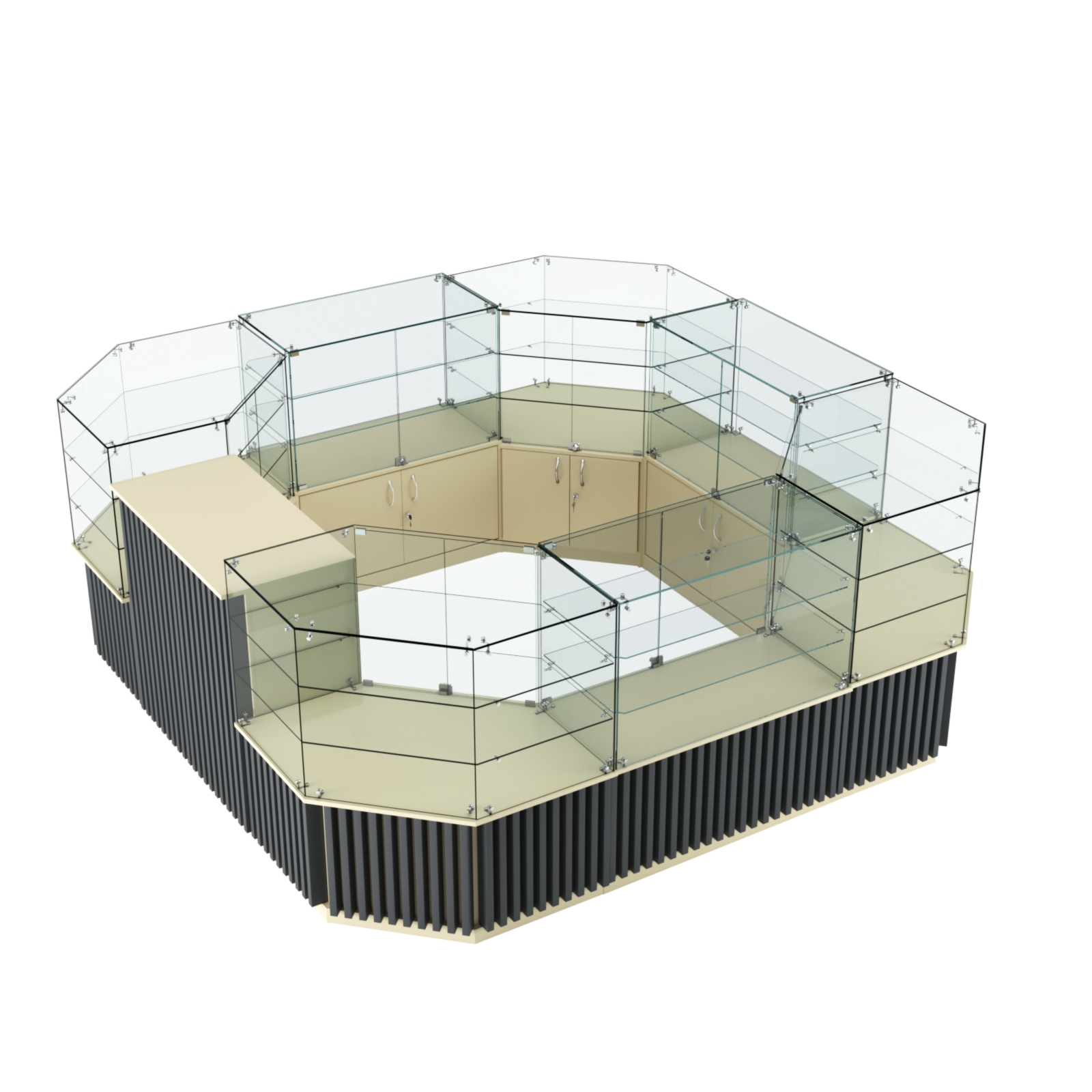 Торговый стеклянный островок с планками серии ВЕРТИКАЛЬ №2 (7,88 кв.м) Крем Вайс и Темно Серый U2236-U2601