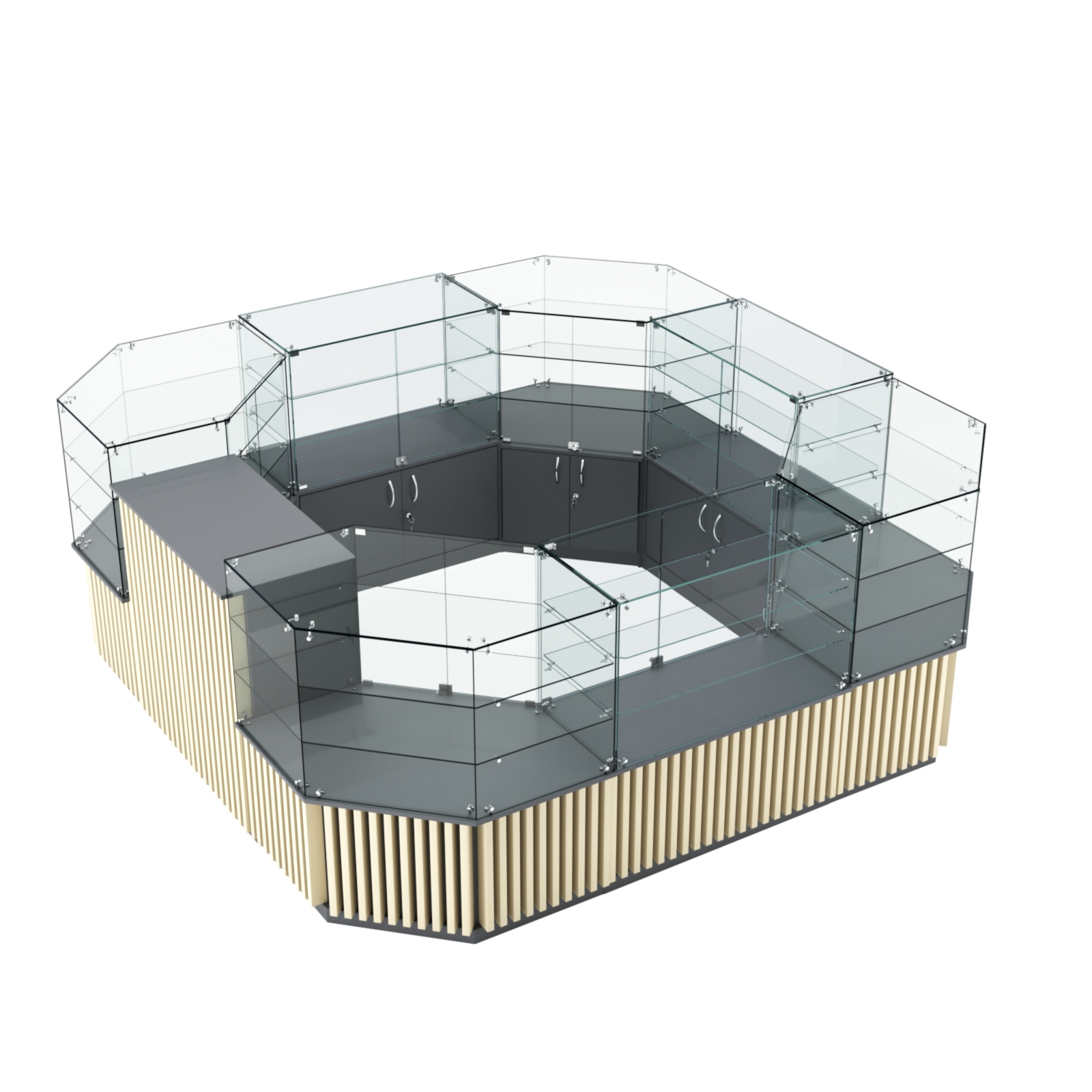 Торговый стеклянный островок с планками серии ВЕРТИКАЛЬ №2 (7,88 кв.м) Темно-серый и Крем Вайс U2601-U2236