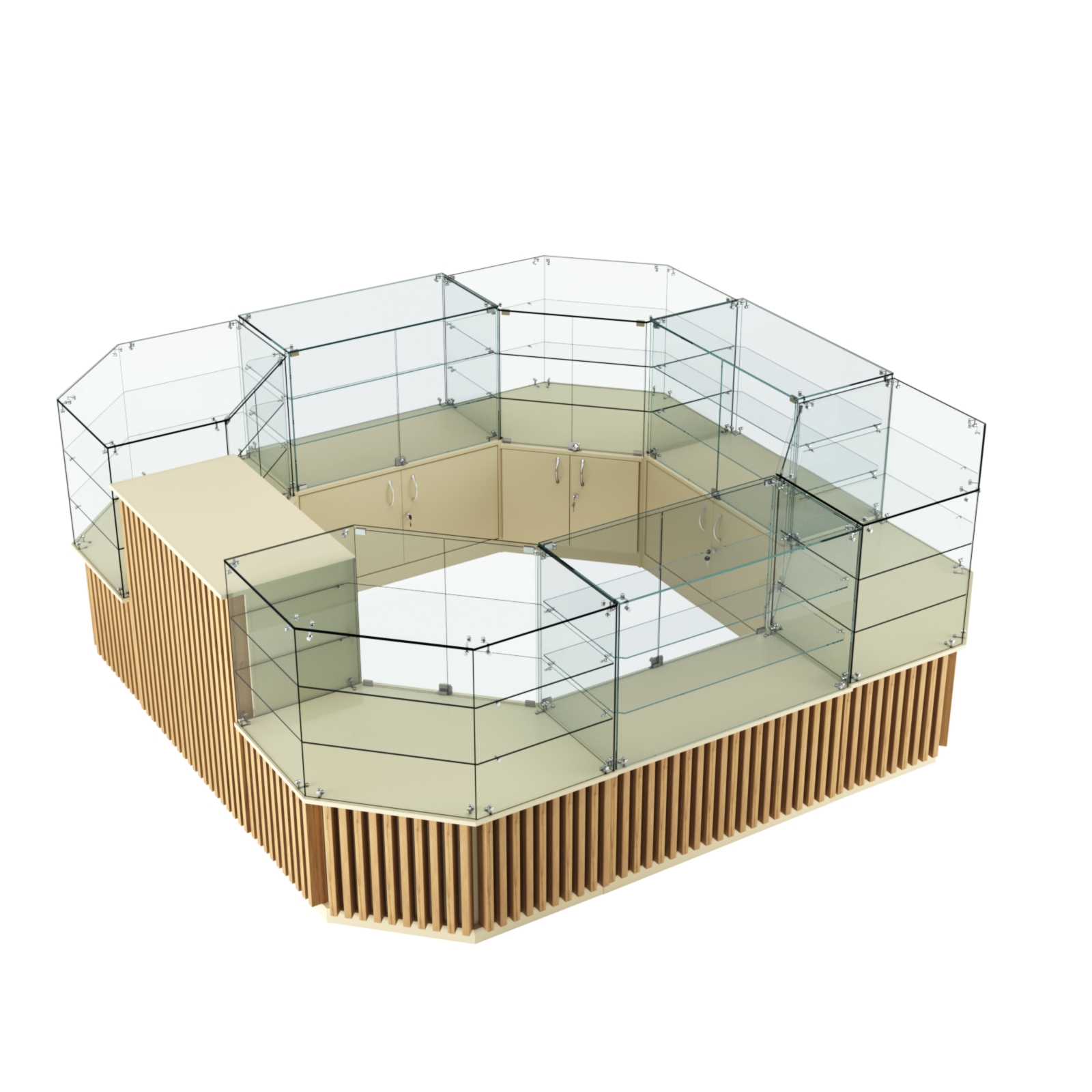 Торговый стеклянный островок с планками серии ВЕРТИКАЛЬ №2 (7,88 кв.м) Крем Вайс и Дуб Золотистый