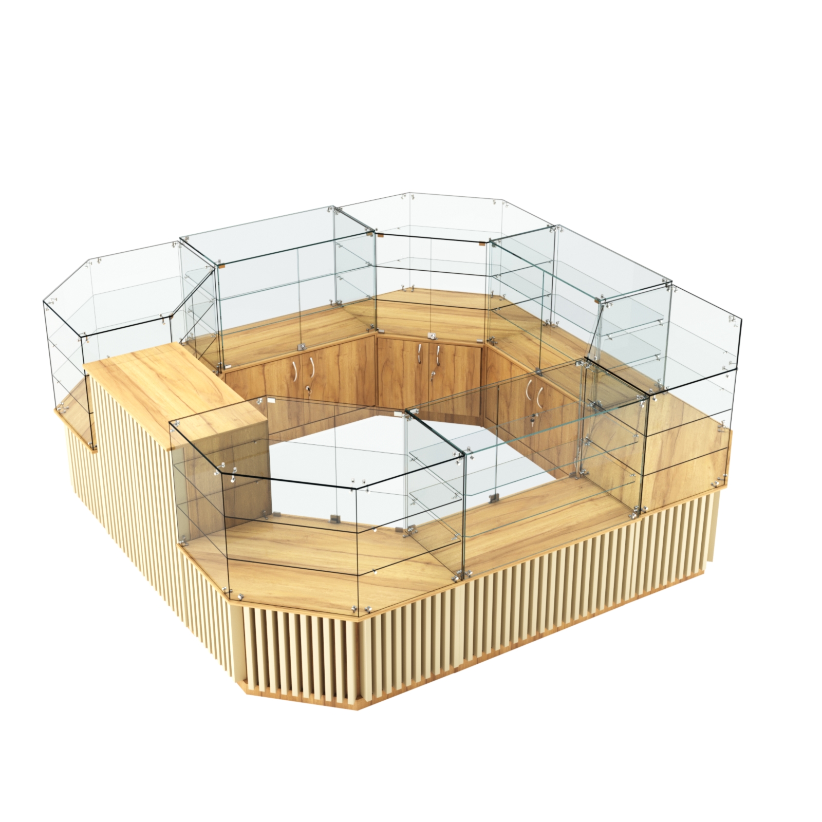 Торговый стеклянный островок с планками серии ВЕРТИКАЛЬ №2 (7,88 кв.м) Дуб Золотистый и Крем Вайс