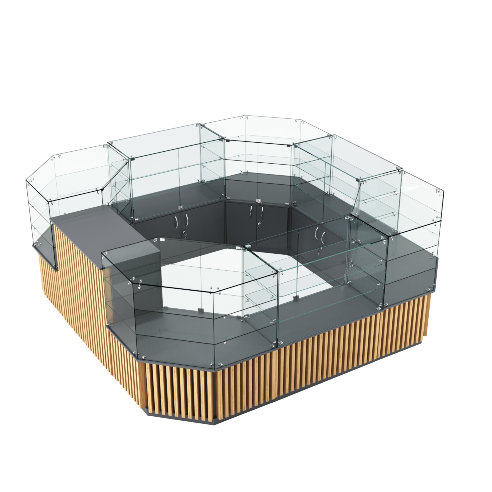 Торговый стеклянный островок с планками серии ВЕРТИКАЛЬ №2 (7,88 кв.м) Темно-Серый  + Дуб Золотистый