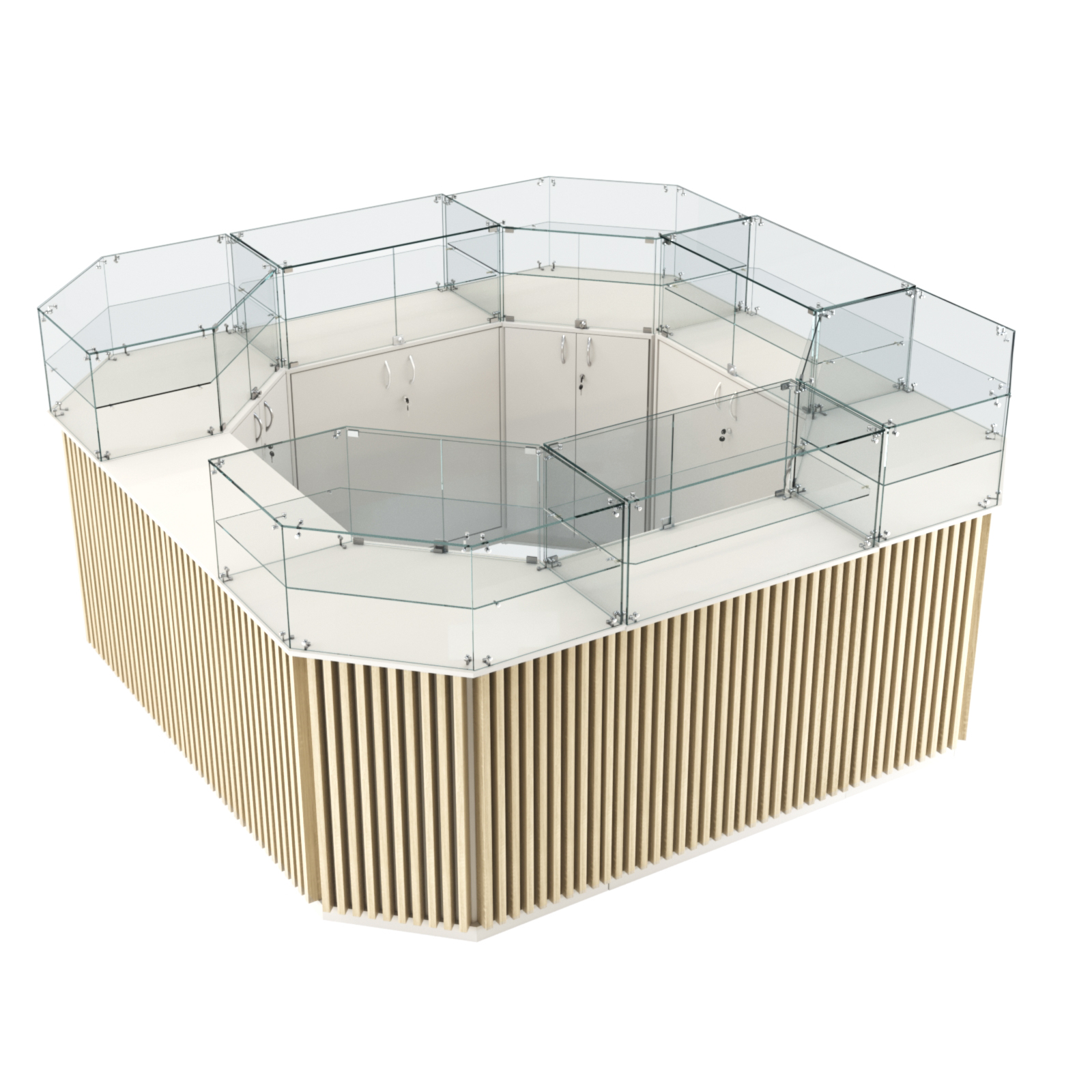 Торговый квадратный островок с планками серии ВЕРТИКАЛЬ №5 (7,88 кв.м) Белый + Дуб Сонома