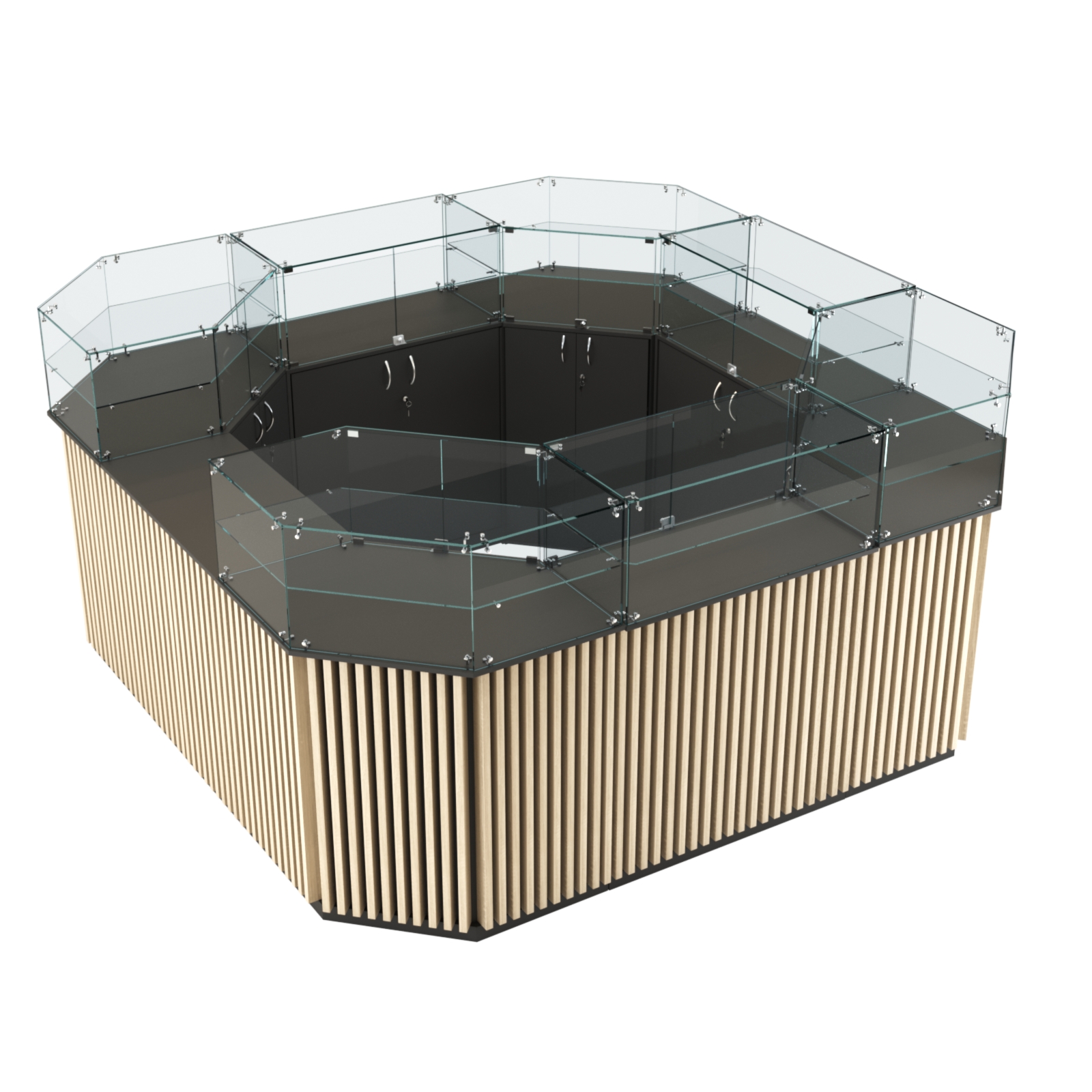 Торговый квадратный островок с планками серии ВЕРТИКАЛЬ №5 (7,88 кв.м) Черный + Дуб Сонома