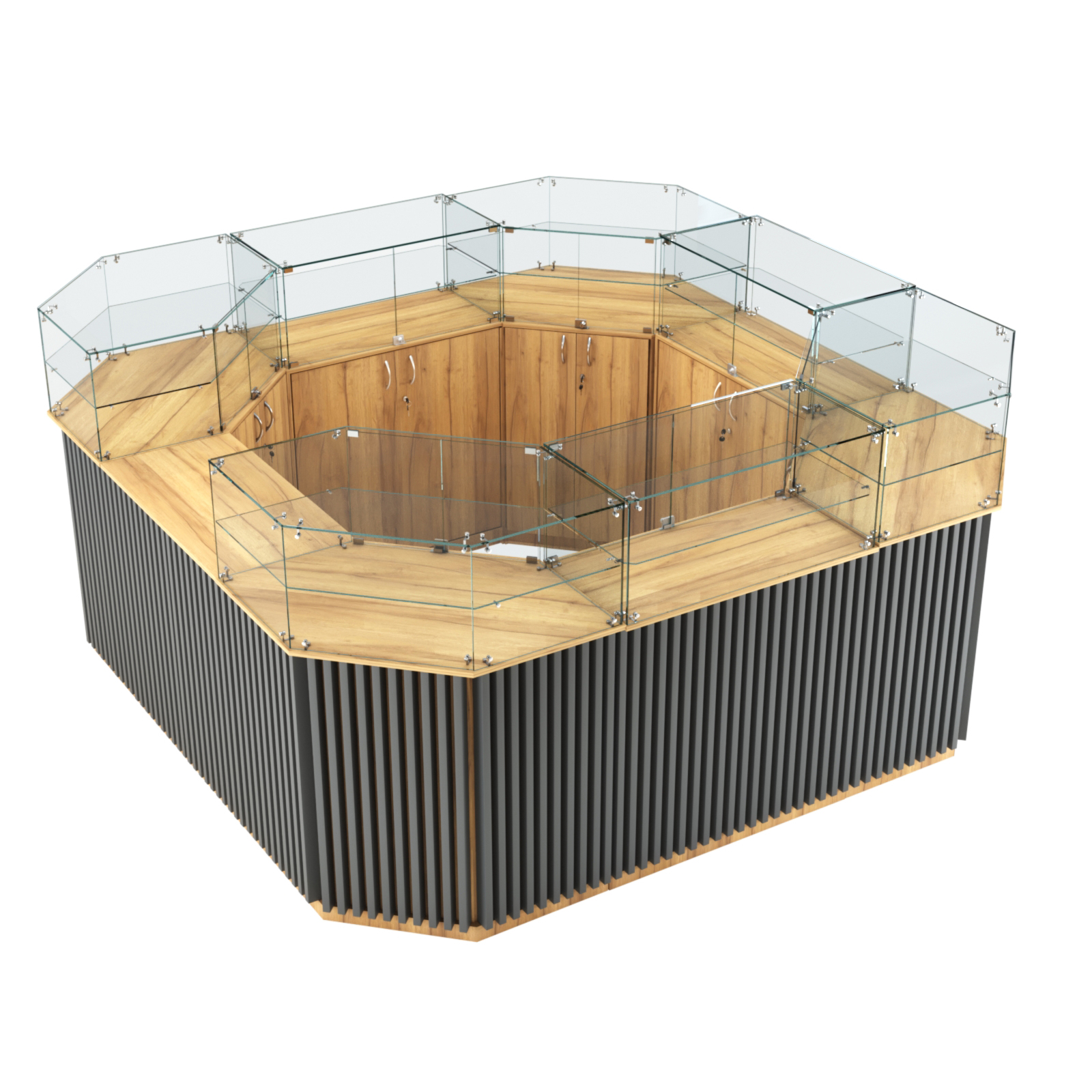 Торговый квадратный островок с планками серии ВЕРТИКАЛЬ №5 (7,88 кв.м) Дуб Золотистый и Темно-Серый