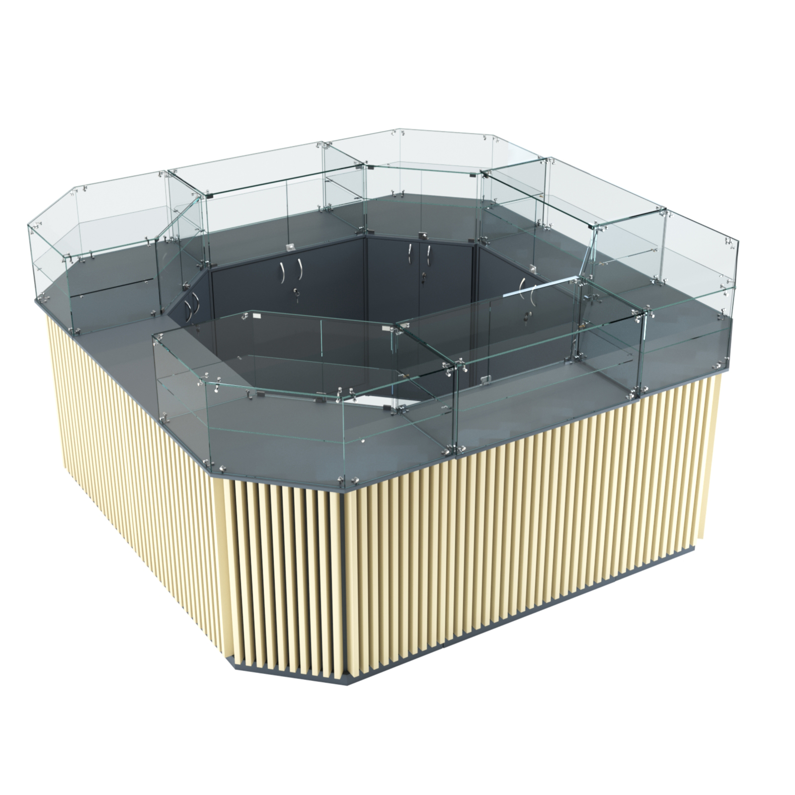 Торговый квадратный островок с планками серии ВЕРТИКАЛЬ №5 (7,88 кв.м) Темно-серый и Крем Вайс U2601-U2236