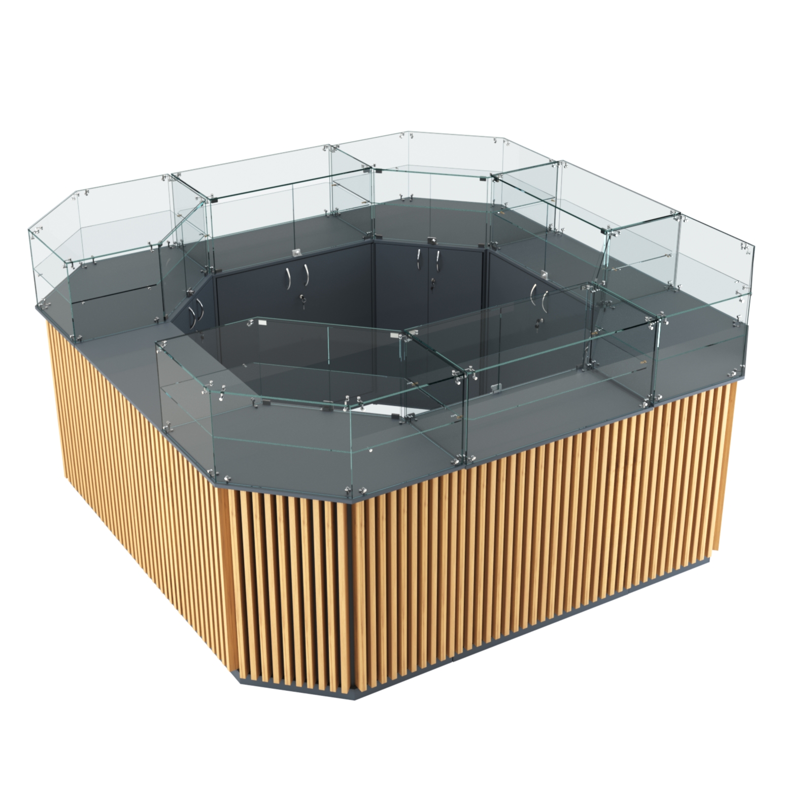 Торговый квадратный островок с планками серии ВЕРТИКАЛЬ №5 (7,88 кв.м) Темно-Серый  + Дуб Золотистый