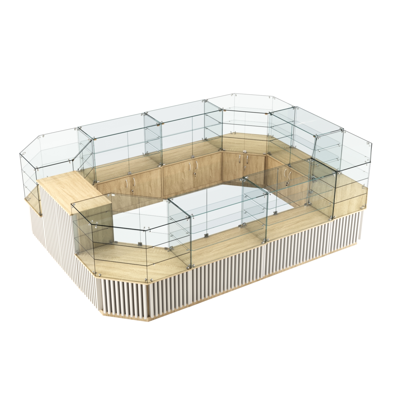 Торговый центральный островок с планками серии ВЕРТИКАЛЬ №3 (10,69 кв.м) Дуб Сонома + Белый