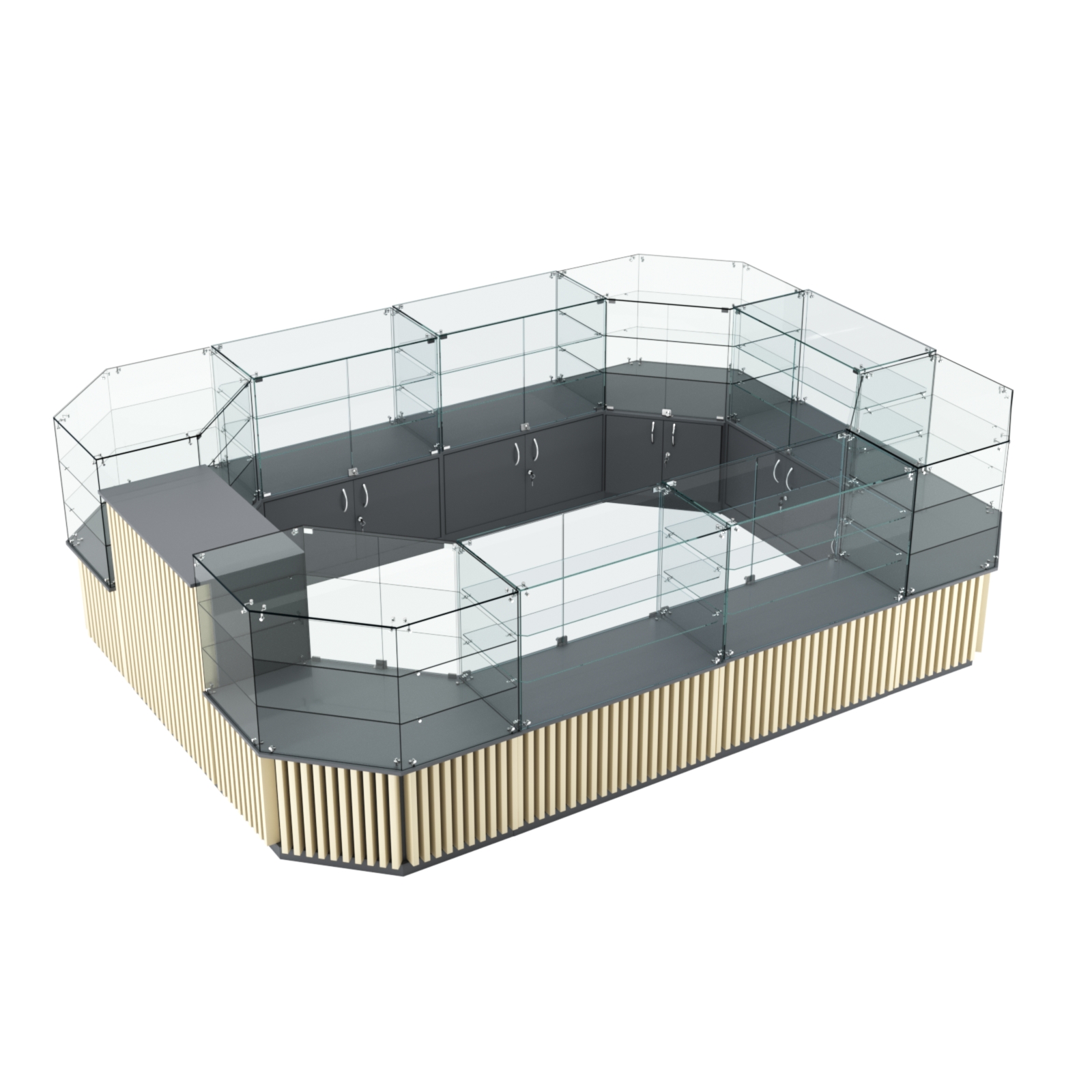 Торговый центральный островок с планками серии ВЕРТИКАЛЬ №3 (10,69 кв.м) Темно-серый и Крем Вайс U2601-U2236