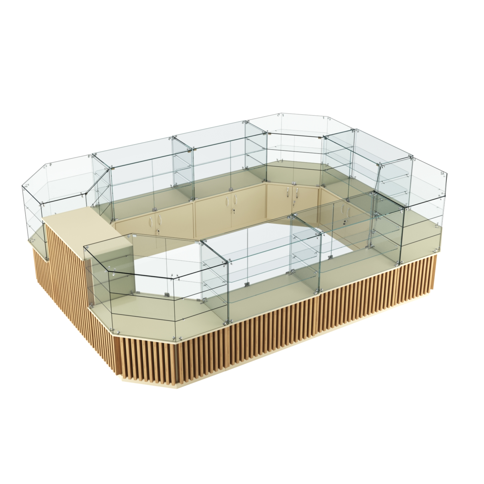 Торговый центральный островок с планками серии ВЕРТИКАЛЬ №3 (10,69 кв.м) Крем Вайс и Дуб Золотистый