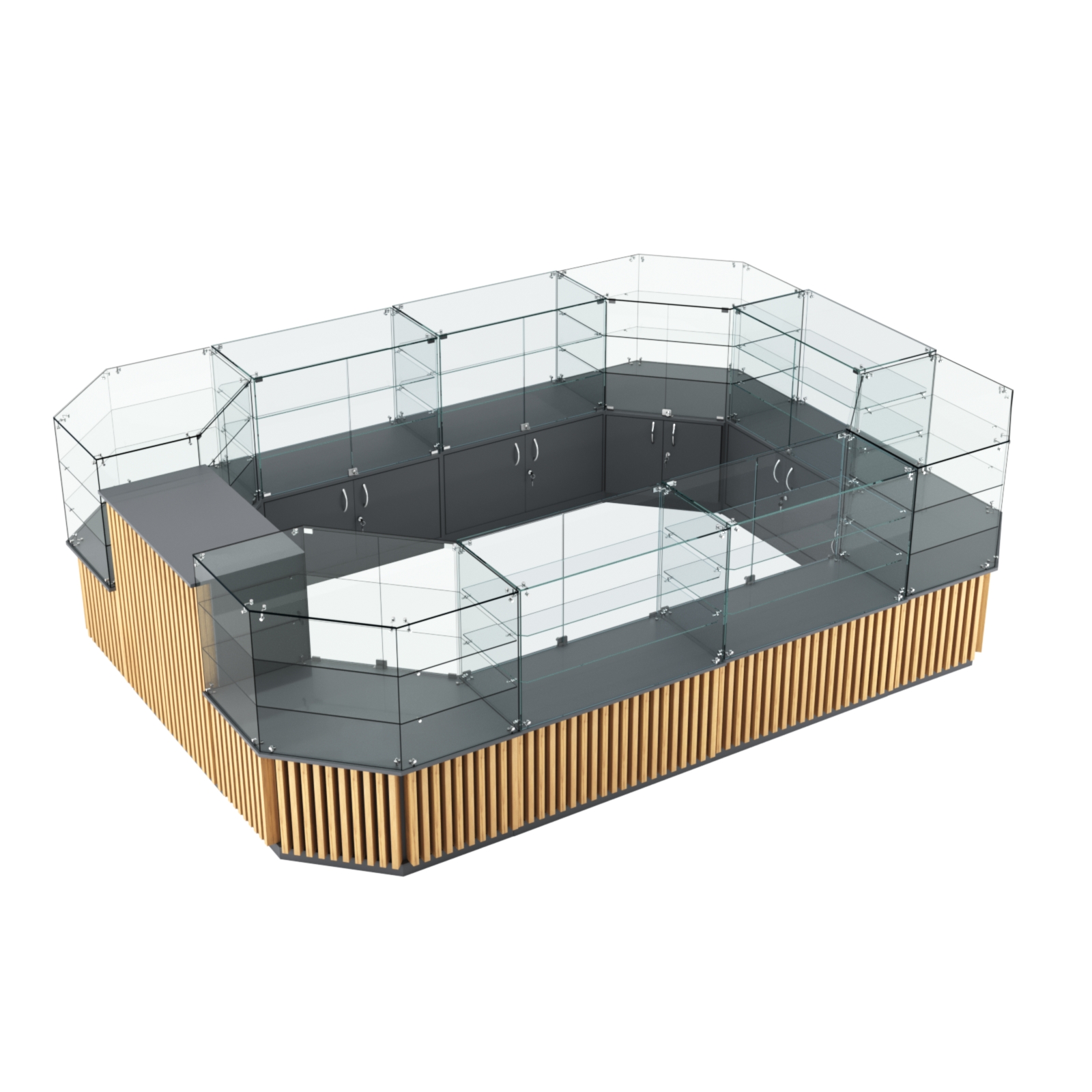 Торговый центральный островок с планками серии ВЕРТИКАЛЬ №3 (10,69 кв.м) Темно-Серый  + Дуб Золотистый