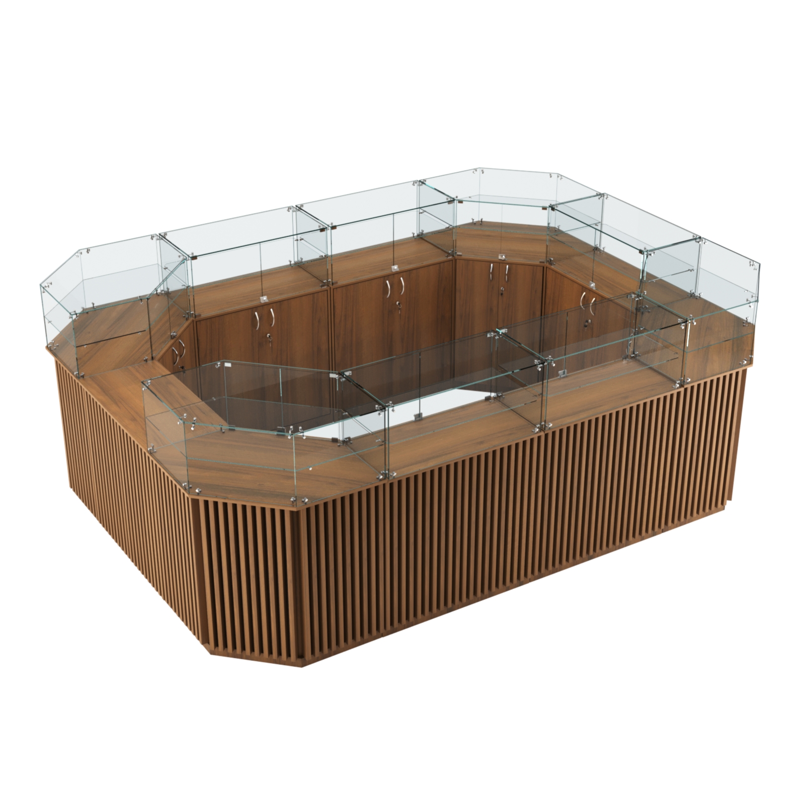 Торговый островок с прозрачным верхом и планками серии ВЕРТИКАЛЬ №6 (10,69 кв.м) Орех