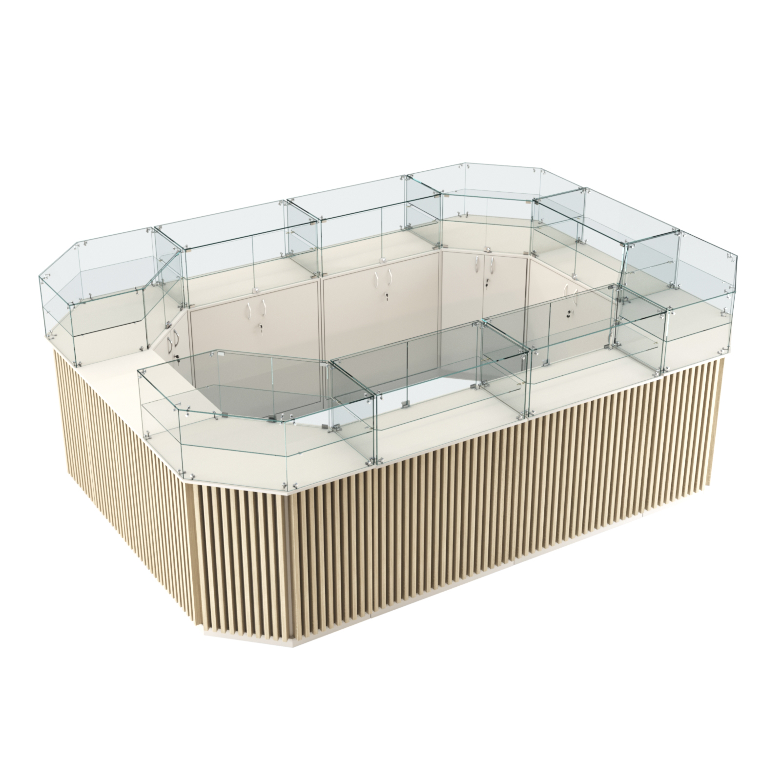 Торговый островок с прозрачным верхом и планками серии ВЕРТИКАЛЬ №6 (10,69 кв.м) Белый + Дуб Сонома