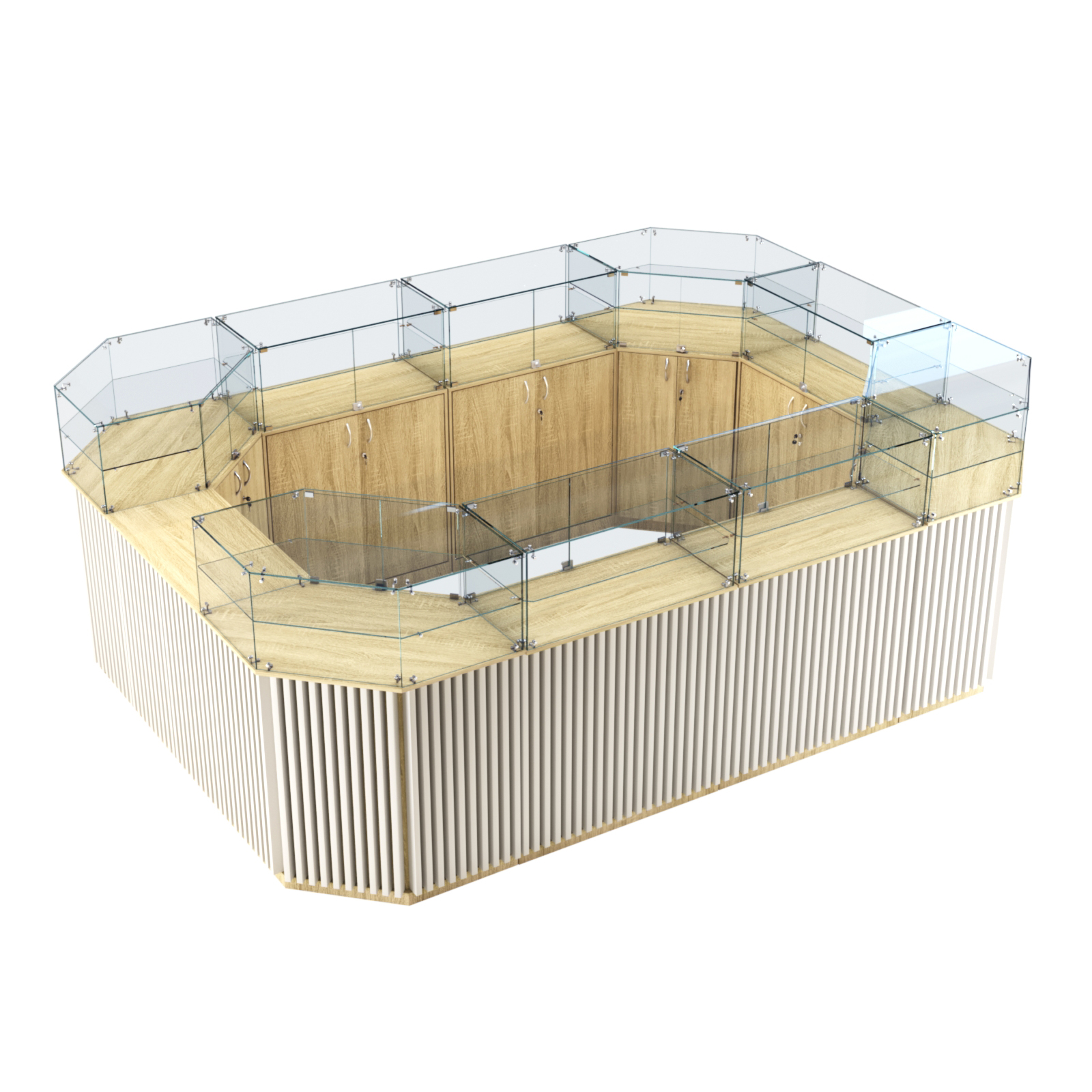 Торговый островок с прозрачным верхом и планками серии ВЕРТИКАЛЬ №6 (10,69 кв.м) Дуб Сонома + Белый