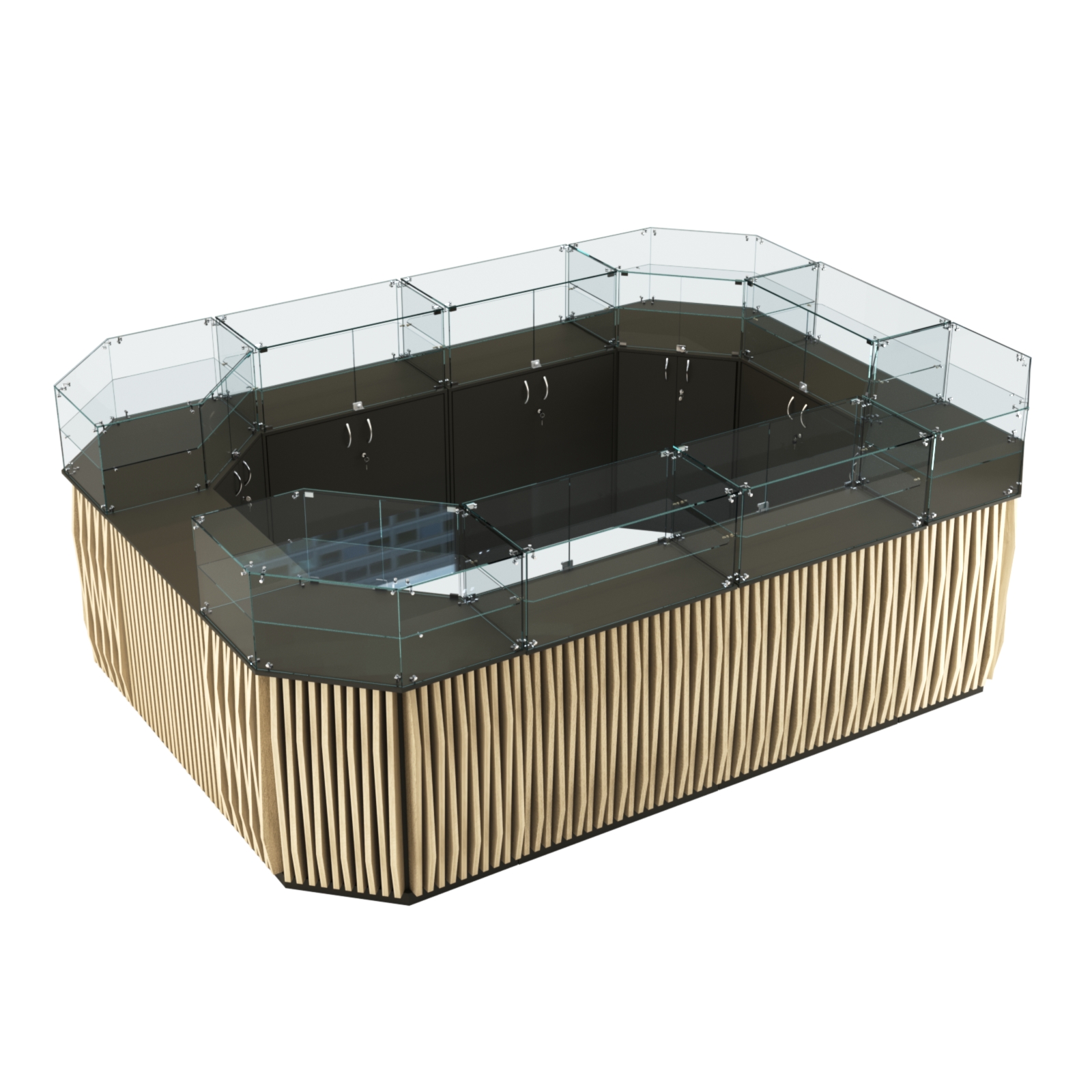 Торговый островок с прозрачным верхом и планками серии ВЕРТИКАЛЬ №6 (10,69 кв.м) Черный + Дуб Сонома