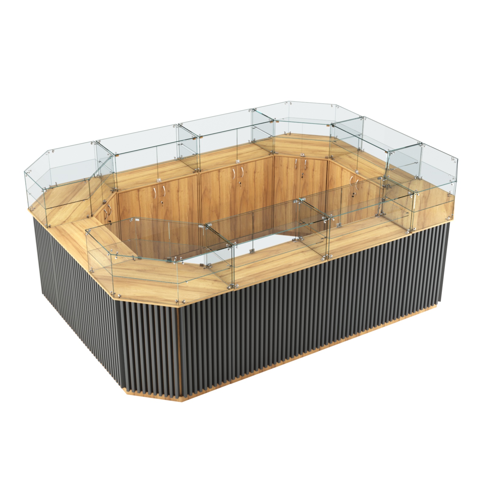 Торговый островок с прозрачным верхом и планками серии ВЕРТИКАЛЬ №6 (10,69 кв.м) Дуб Золотистый и Темно-Серый