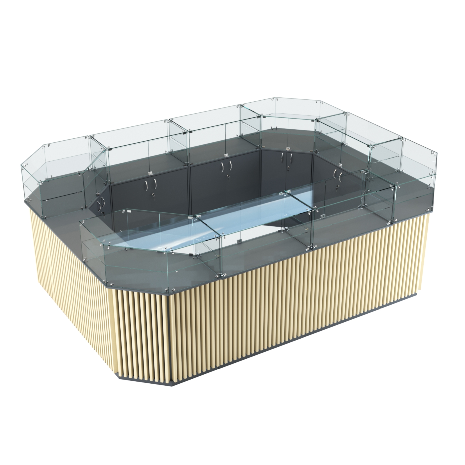 Торговый островок с прозрачным верхом и планками серии ВЕРТИКАЛЬ №6 (10,69 кв.м) Темно-серый и Крем Вайс U2601-U2236