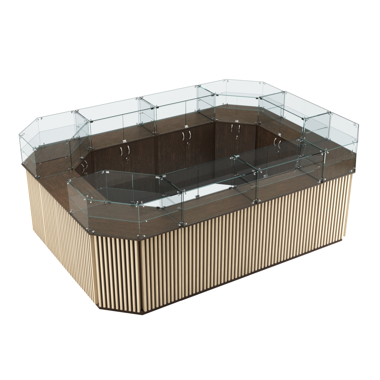 Торговый островок с прозрачным верхом и планками серии ВЕРТИКАЛЬ №6 (10,69 кв.м) Дуб Венге + Дуб Сонома