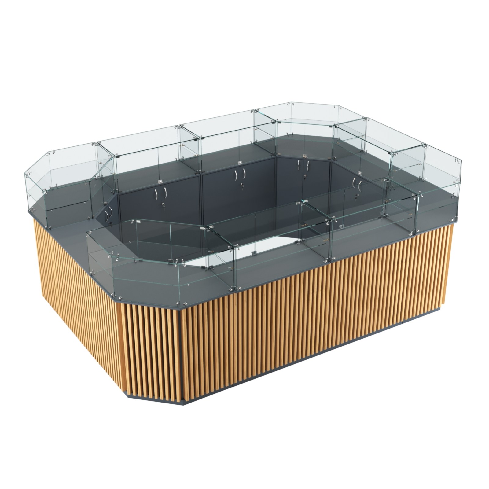 Торговый островок с прозрачным верхом и планками серии ВЕРТИКАЛЬ №6 (10,69 кв.м) Темно-Серый  + Дуб Золотистый