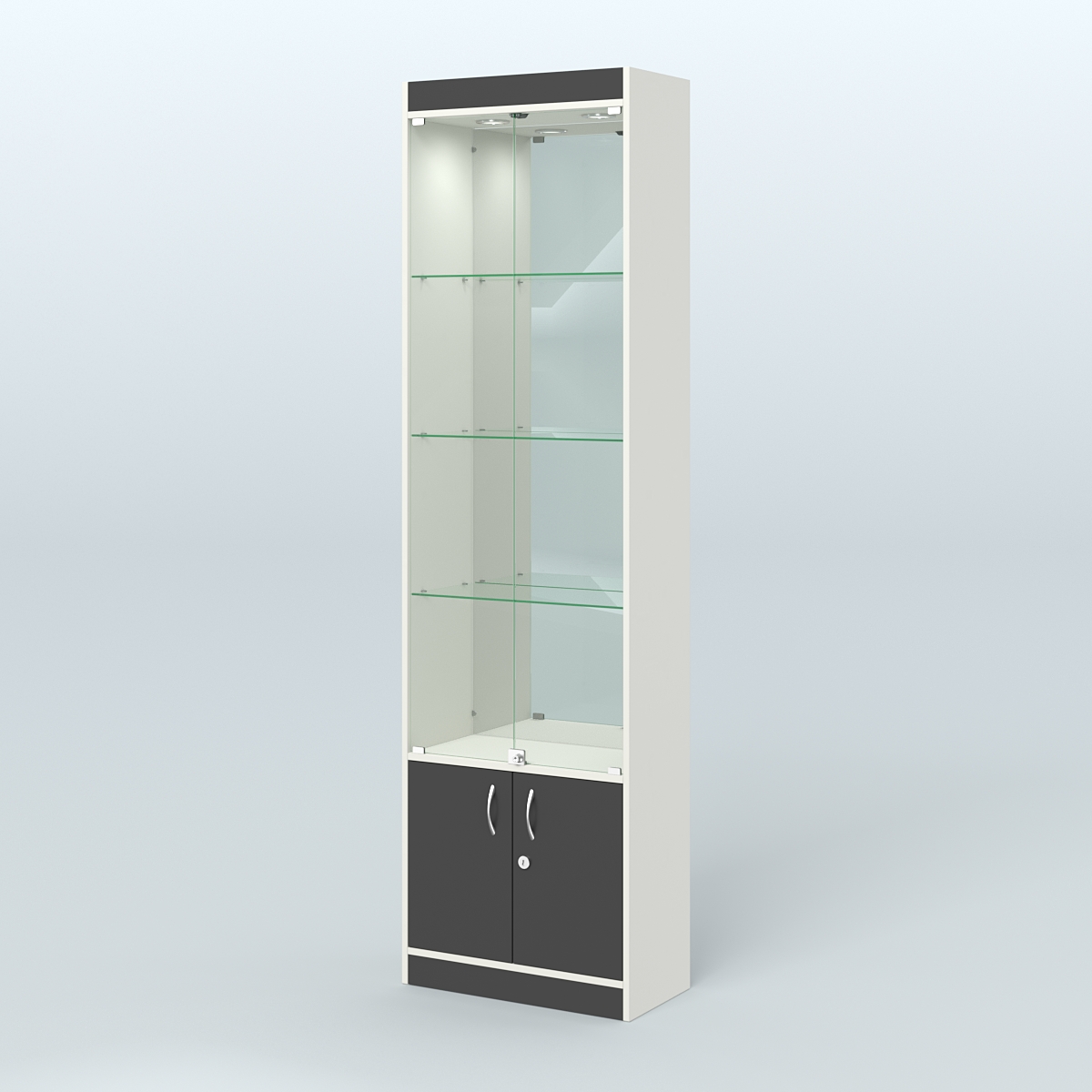 Витрина из ДСП с дверками и верхней подсветкой для аптеки №2-300-3 Белый и Черный