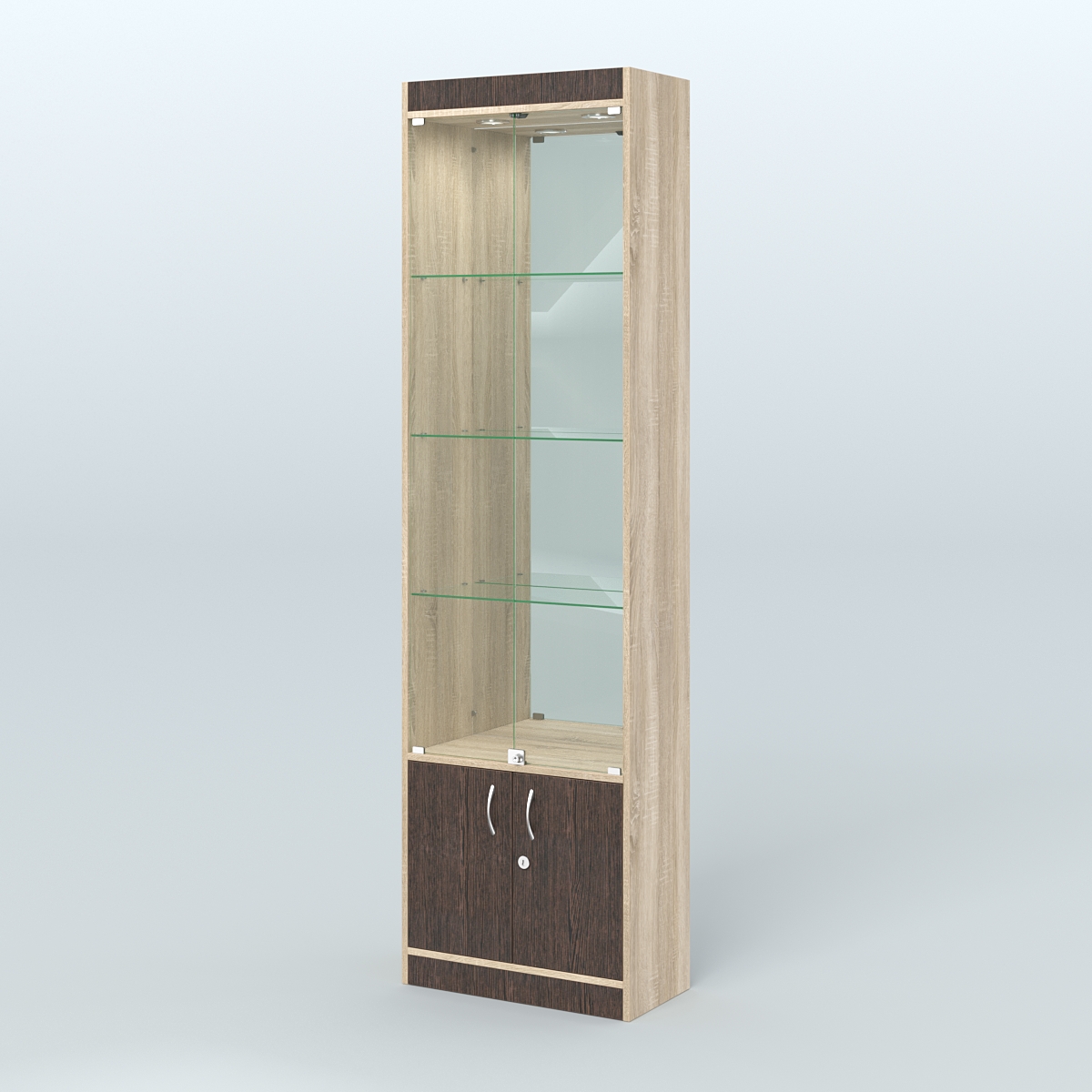 Витрина из ДСП с дверками и верхней подсветкой для аптеки №2-300-3 Дуб Сонома + Дуб Венге