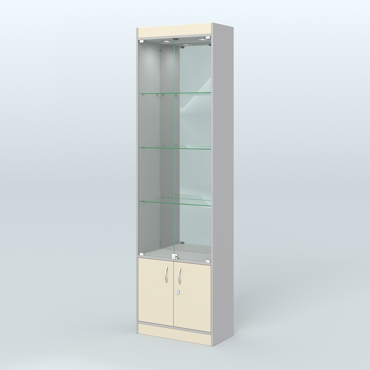 Витрина из ДСП с дверками и верхней подсветкой для аптеки №2-300-3 Серый + Крем Вайс