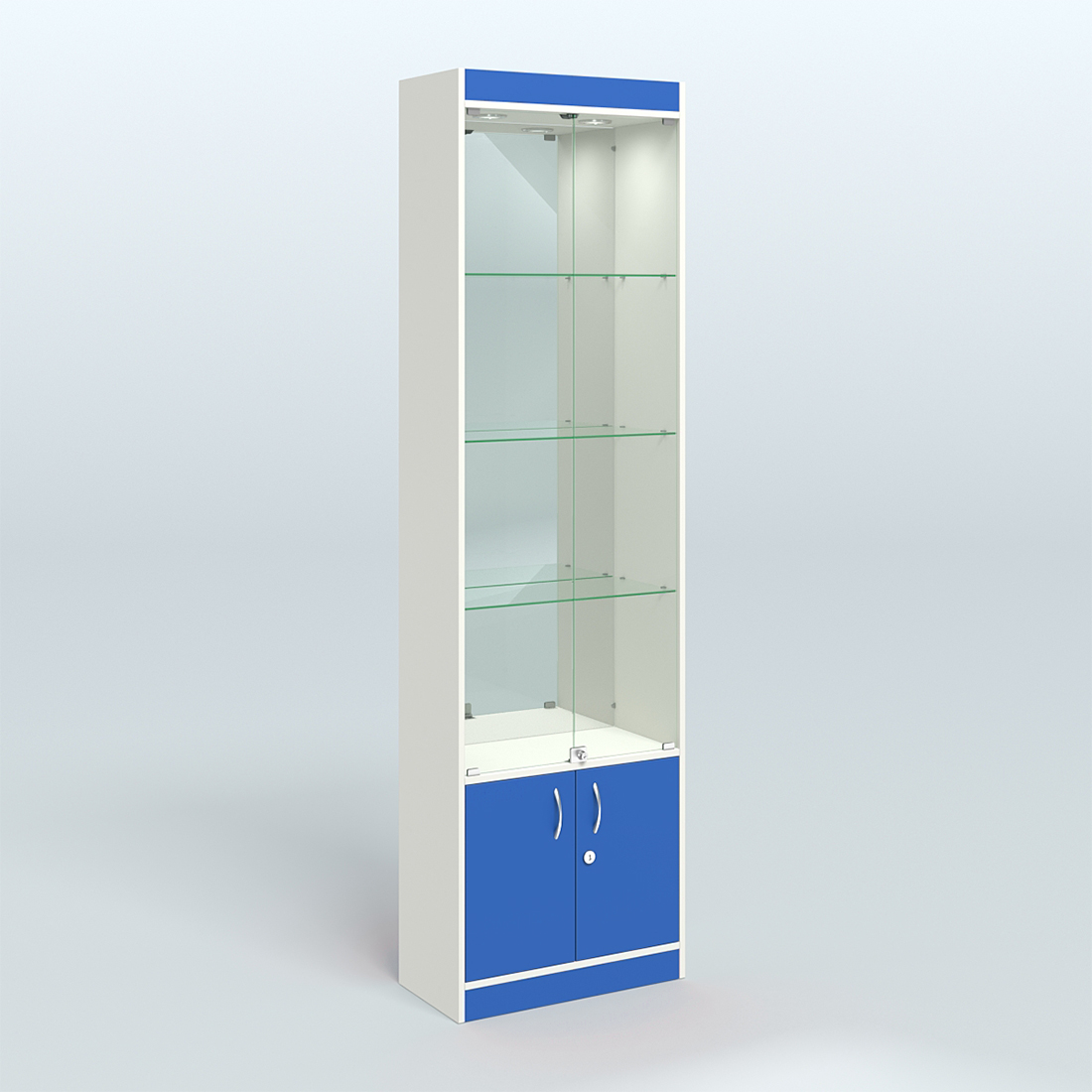 Витрина из ДСП с дверками и верхней подсветкой для аптеки №2-300-3 Белый + Делфт голубой