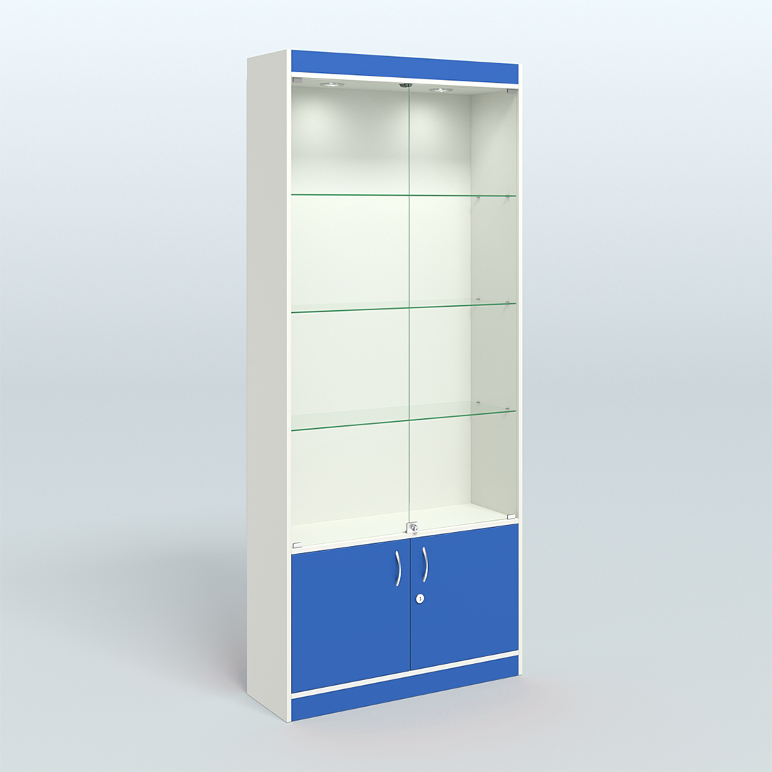 Витрина прямоугольная из ДСП с дверками для аптеки №1-300-1 Белый + Делфт голубой