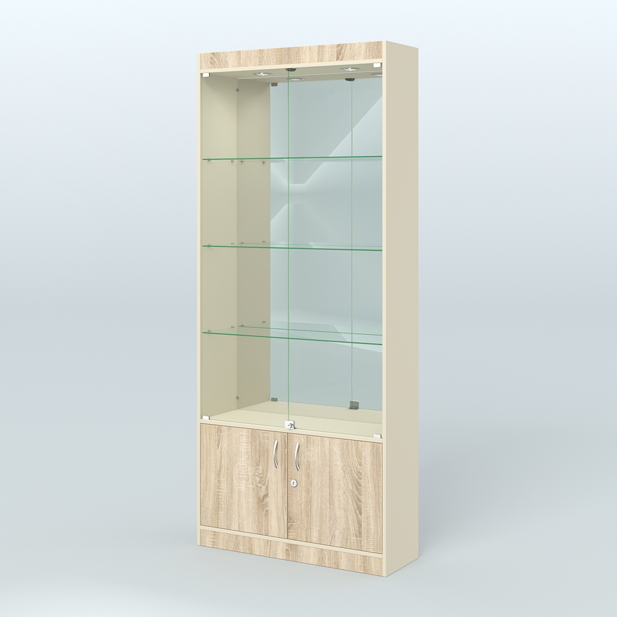 Витрина зеркальная из ДСП с дверками для аптеки №1-300-3 Крем Вайс и Дуб Сонома U2236-5